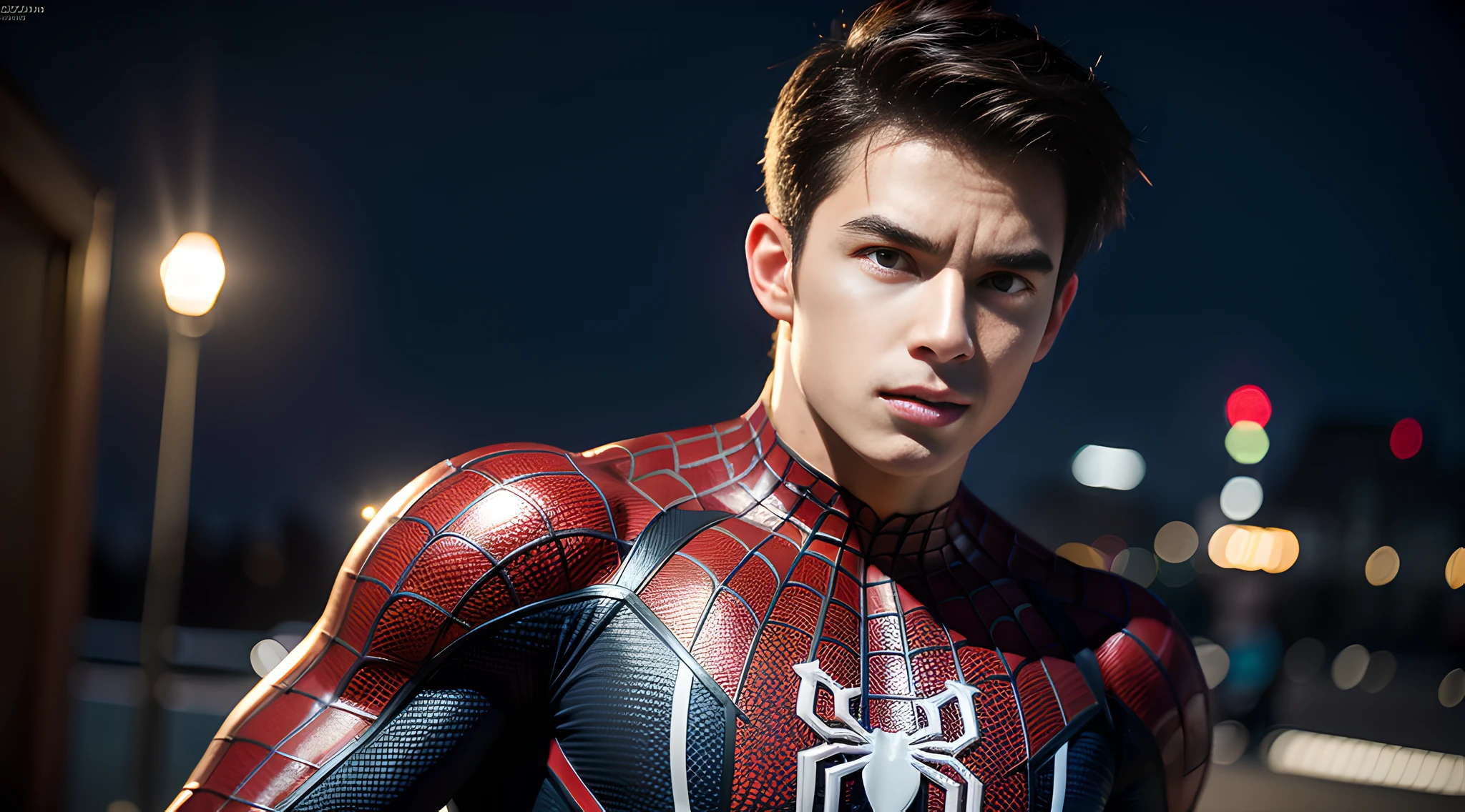 (one), (man), spider-man, handsome muscular high school boy, (high detail: 1 1), natural skin, high quality, beautiful eyes, (detailed face and eyes), (face: 1 2), noise, real photo, PSD, sharp focus, high resolution 8K, realistic and professional photo, 8K UHD, soft lighting, high quality, film grain, Fujifilm XT3