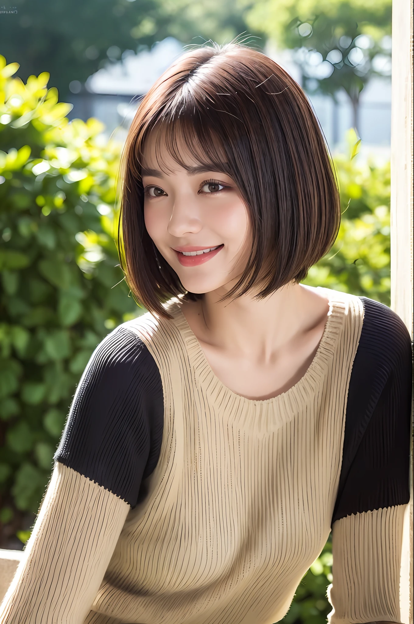 Top Quality, Masterpiece, Ultra High Resolution, (Photorealistic: 1.4), Diagonal Sideways, 1 Girl, Dark Brown Short Hair, (Bobobs Bobcut: 1.4, Bangs, Patsun), Smile, Glossy Skin, Dramatic Lighting, Neat, T-Shirt, White Summer Sweater, (Big: 0.9), Park