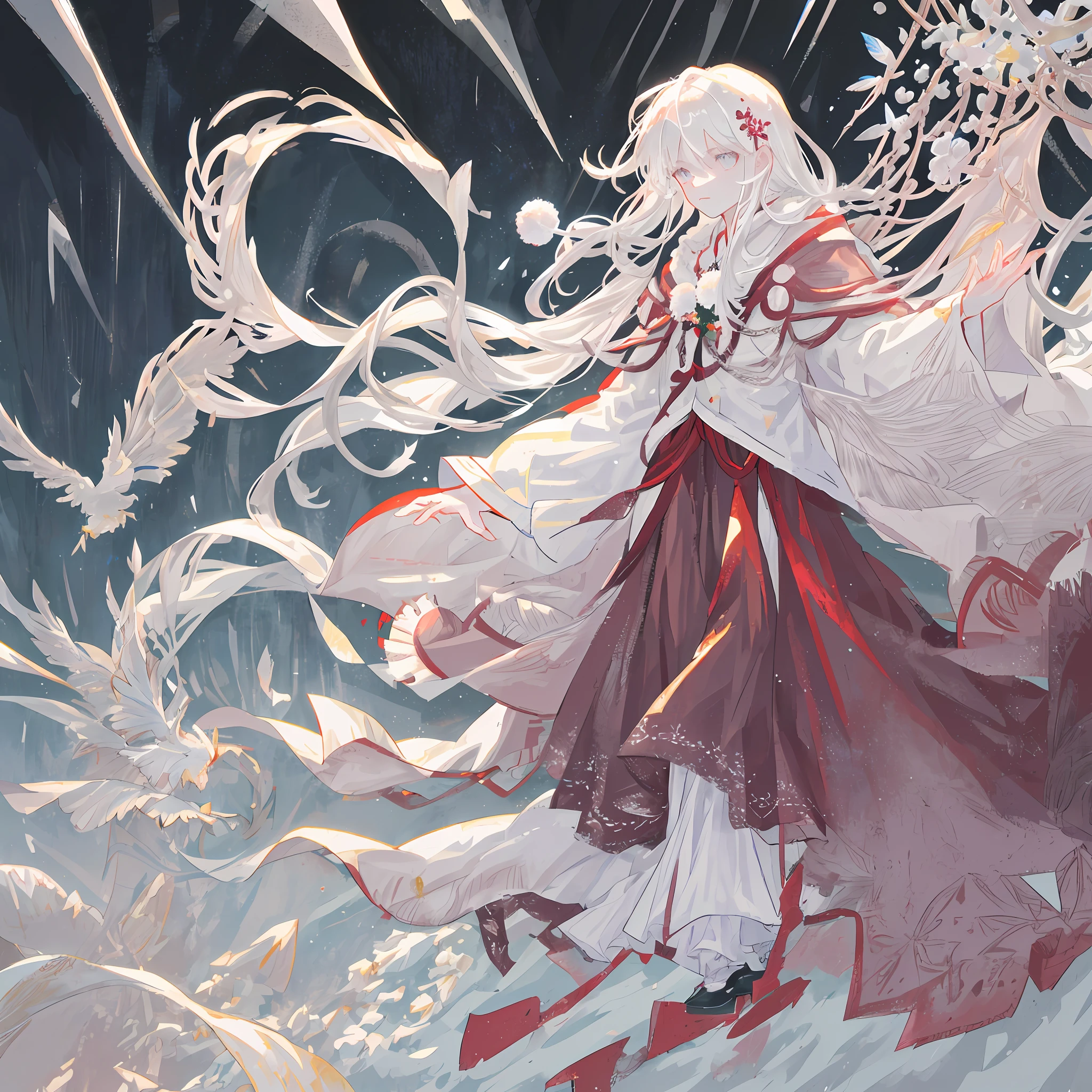 Two-dimensional, antique, winter garden, boy, alone, serious expression, silver-white hair, random body posture, light rain and snow, wearing a feather robe, white antique clothing, inkstone with pen and ink and plum blossom decoration, high resolution, masterpiece, best quality, rendering