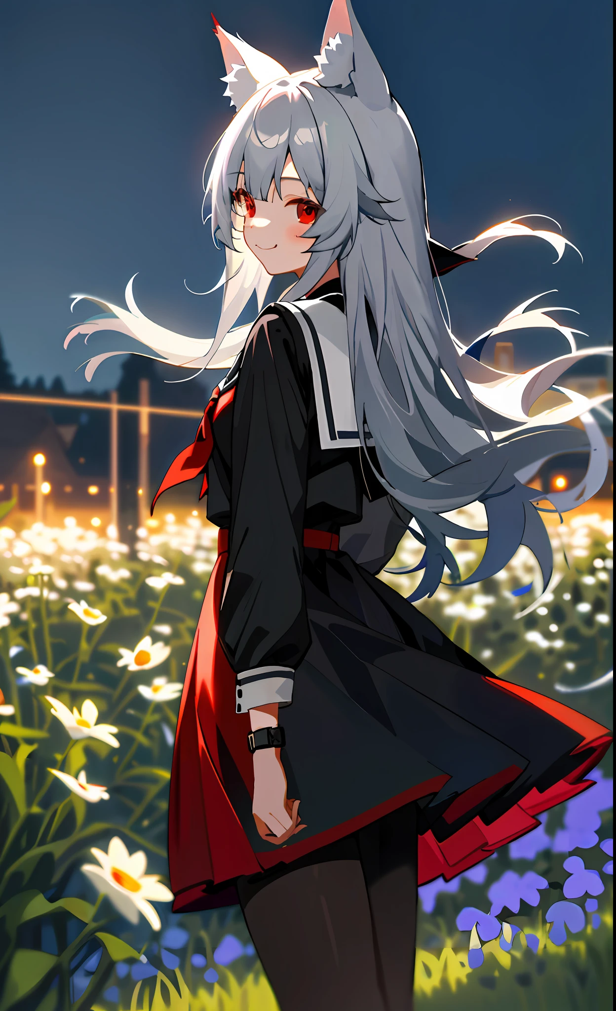 masterpiece,1 girl,solo,sila school,big, light smile, outdoor,garden,spring,black_pantyhose,masterpiece, best quality, sfw, cute wolf girl, girl, silver hair, big, red eyes, wolf ears,from behind,watch viewer, sfw, girl, wolf tail,night, wind, turn around, depth of field,