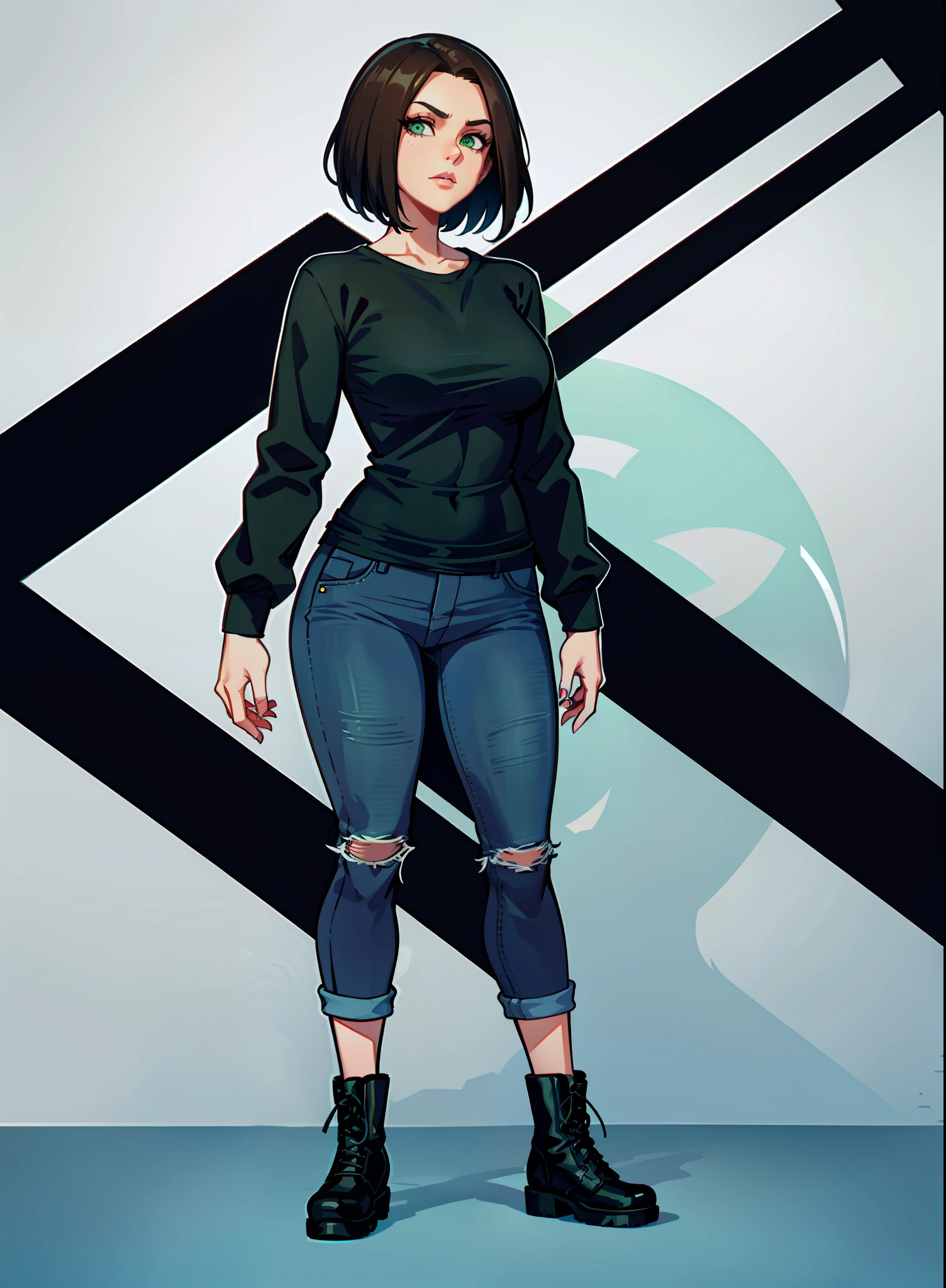 a cartoon drawing of a woman with a black baggy shirt and blue jeans, full body portrait of a short!, urban girl fanart, !!full body portrait!!, fullbody portrait, full body character portrait, wearing casual clothes, full-body character portrait, detailed full body portrait, character full body portrait, full body illustration, anime full body illustration, anime style character, short brown hair, combat boots, green eyes