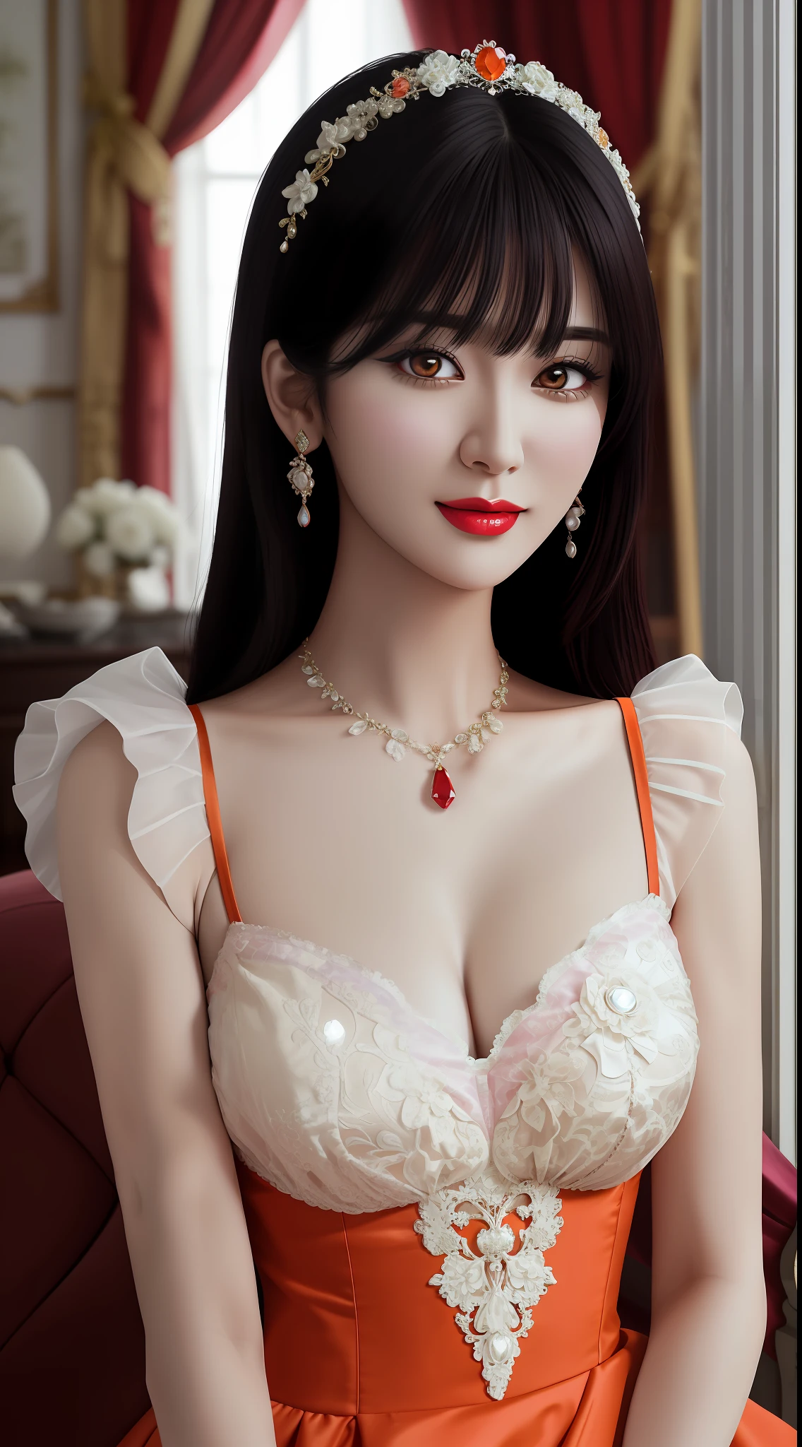 1 beautiful mature girl, looking at viewer, upper body, realistic,real girl, The girl is shy and embarrassed, Full body shape, smooth pink and white skin, Front bangs, large breasts and round, excessively frilled princess dress, draped clothes, flawless face, jewelry, ornament, flower, lace trim, beautiful big and round orange eyes, sharp eyebrows, very sharp and detailed peacock eyelashes and makeup, red lips, Smile without opening your lips, long silky black hair and jewelry clips, masterpiece, best quality, 8k, detailed skin texture, detailed cloth texture, beautiful detailed face, intricate details, ultra detailed, rim lighting, side lighting, cinematic light, ultra high res, 8k uhd, film grain,best shadow, delicate, RAW photo, detailed and clear images, extremely sharp images,