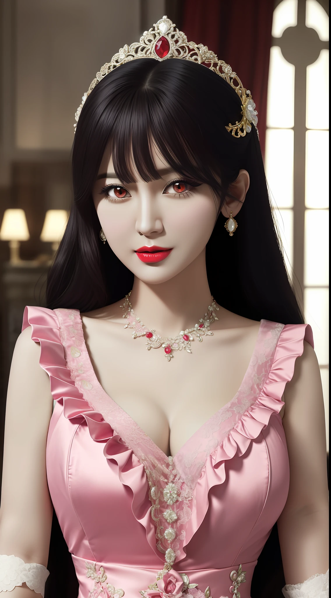 1 beautiful mature girl, looking at viewer, upper body, realistic,real girl, The girl is shy and embarrassed, Full body shape, smooth pink and white skin, Front bangs, large breasts and round, excessively frilled princess dress, draped clothes, flawless face, jewelry, ornament, flower, lace trim, beautiful big and round orange eyes, sharp eyebrows, very sharp and detailed peacock eyelashes and makeup, red lips, Smile without opening your lips, long silky black hair and jewelry clips, masterpiece, best quality, 8k, detailed skin texture, detailed cloth texture, beautiful detailed face, intricate details, ultra detailed, rim lighting, side lighting, cinematic light, ultra high res, 8k uhd, film grain,best shadow, delicate, RAW photo, detailed and clear images, extremely sharp images,
