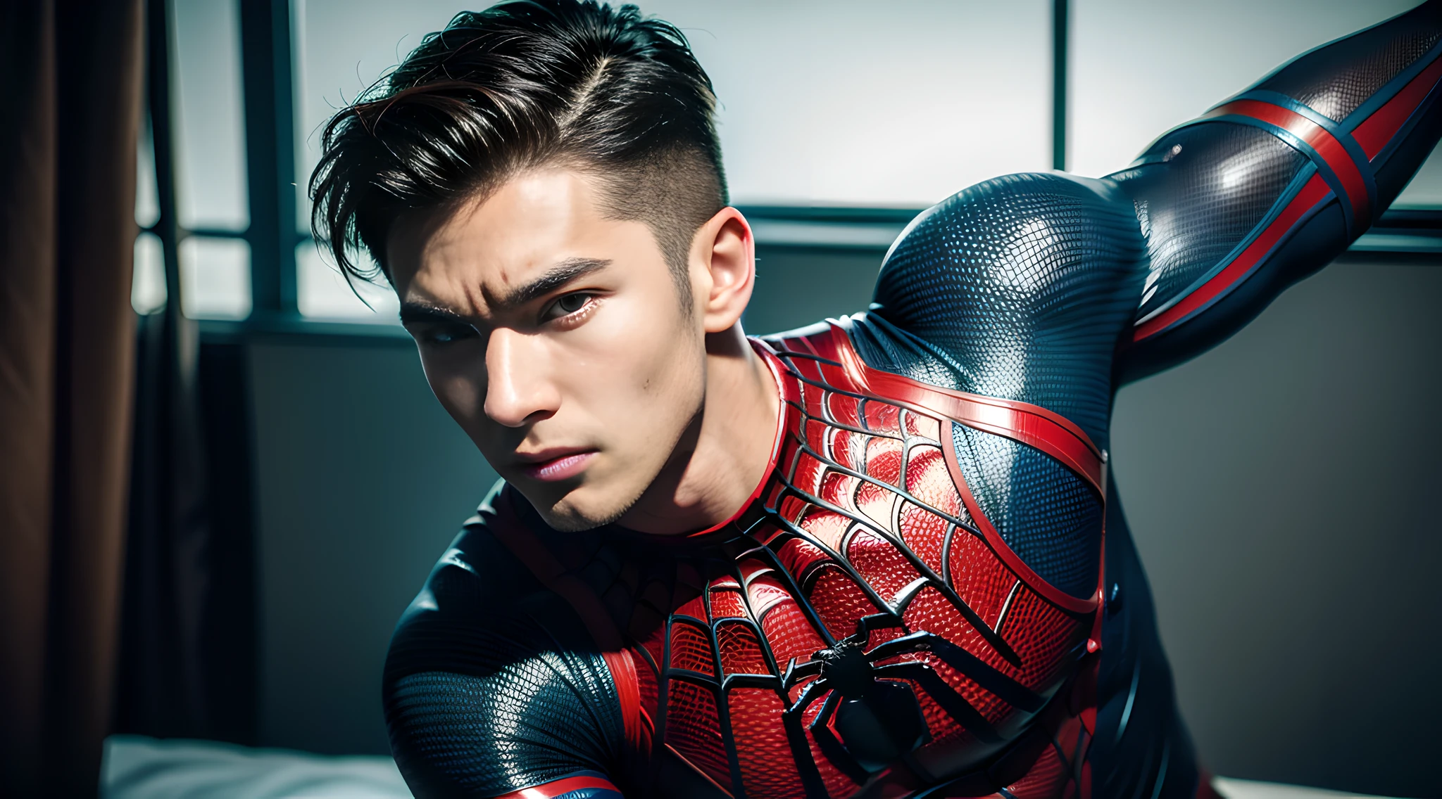 (one), (man), spider-man, handsome muscular high school boy, (high detail: 1 1), natural skin, high quality, beautiful eyes, (detailed face and eyes), (face: 1 2), noise, real photo, PSD, sharp focus, high resolution 8K, realistic and professional photo, 8K UHD, soft lighting, high quality, film grain, Fujifilm XT3