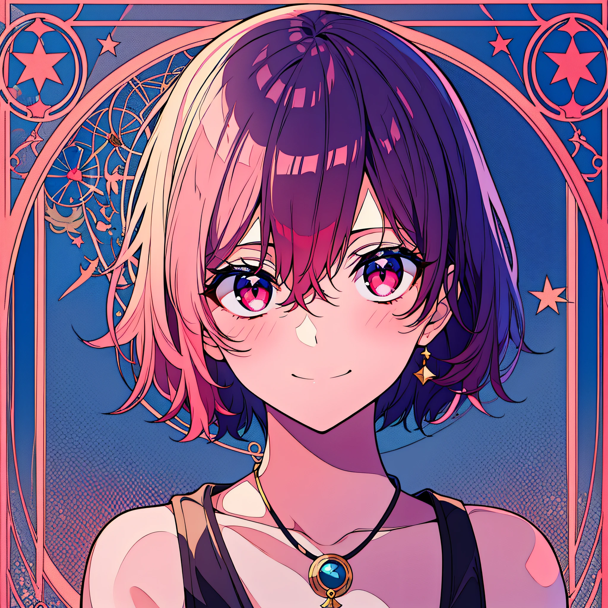 simple, short hair, making a cute girl, bust up, red eyes, pink cheeks, blue background, tarot cards, mysterious atmosphere, casual clothes, cat eyes, smiling, fortune telling, stars