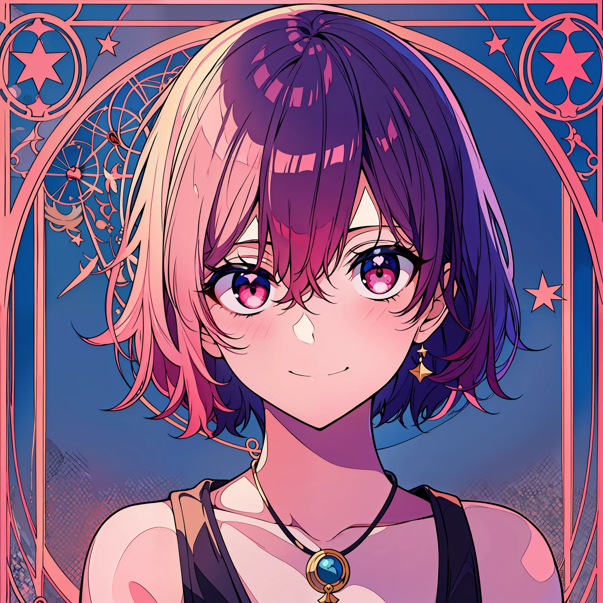 simple, short hair, making a cute girl, bust up, red eyes, pink cheeks, blue background, tarot cards, mysterious atmosphere, casual clothes, cat eyes, smiling, fortune telling, stars