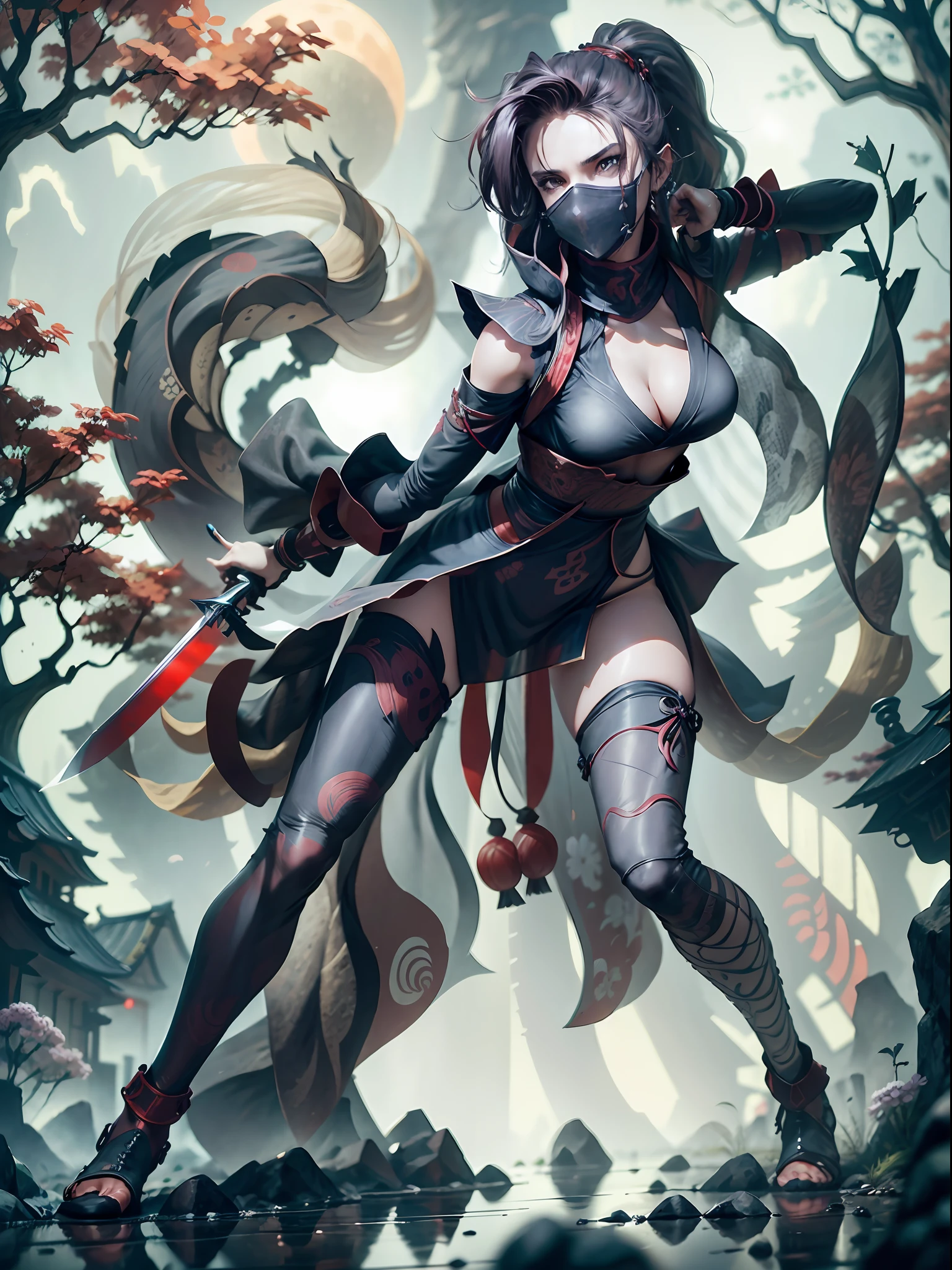 A female ninja on her way to her enemy,sexy full body, ponytail hair, skull drawing mask,sexy ninja suit, holding a metal battle knife,tattoo,BREAK japanese pagoda,pond, Sakura tree, kunai and shuriken lay around,artwork,3D,4K,Detailed,Realistic,4k highly detailed digital art,octane render, bioluminescent, BREAK 8K resolution concept art, realism,by Mappa studios,masterpiece,best quality,official art,illustration,ligne claire,(cool_color),perfect composition,absurdres, fantasy,focused,rule of thirds