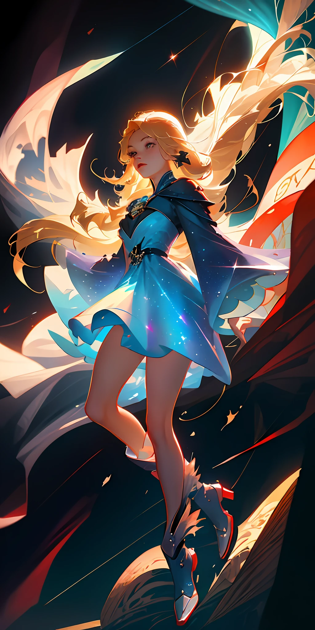 (best quality, masterpiece), full body, 1girl, reading a book, particle, wind, feathers, looking at viewer, blonde wildly long hair, cosmic, blue short dress, red boots, nebulas, galaxy