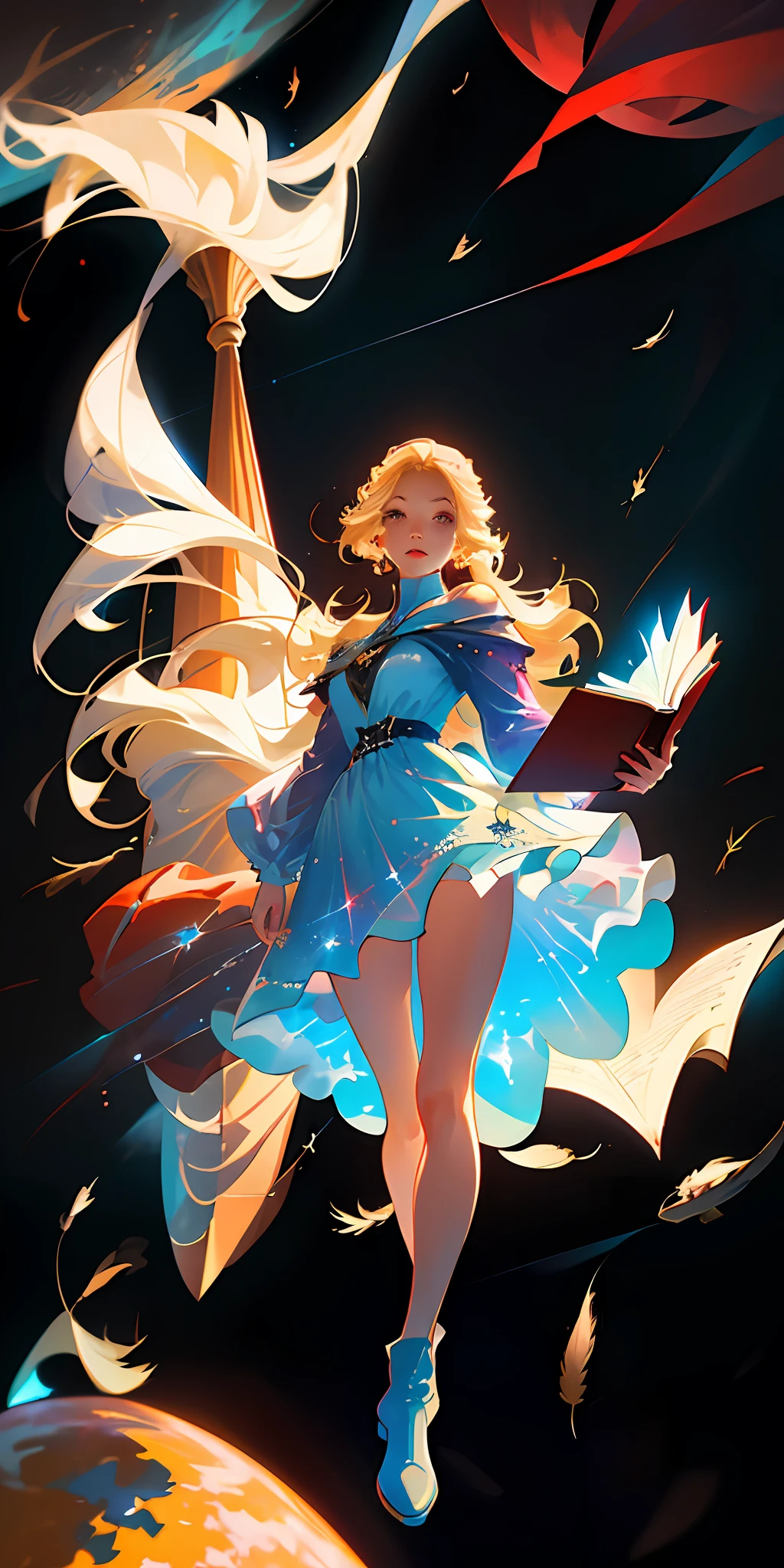 (best quality, masterpiece), full body, 1girl, reading a book, particle, wind, feathers, looking at viewer, blonde wildly long hair, cosmic, blue short dress, red boots, nebulas, galaxy