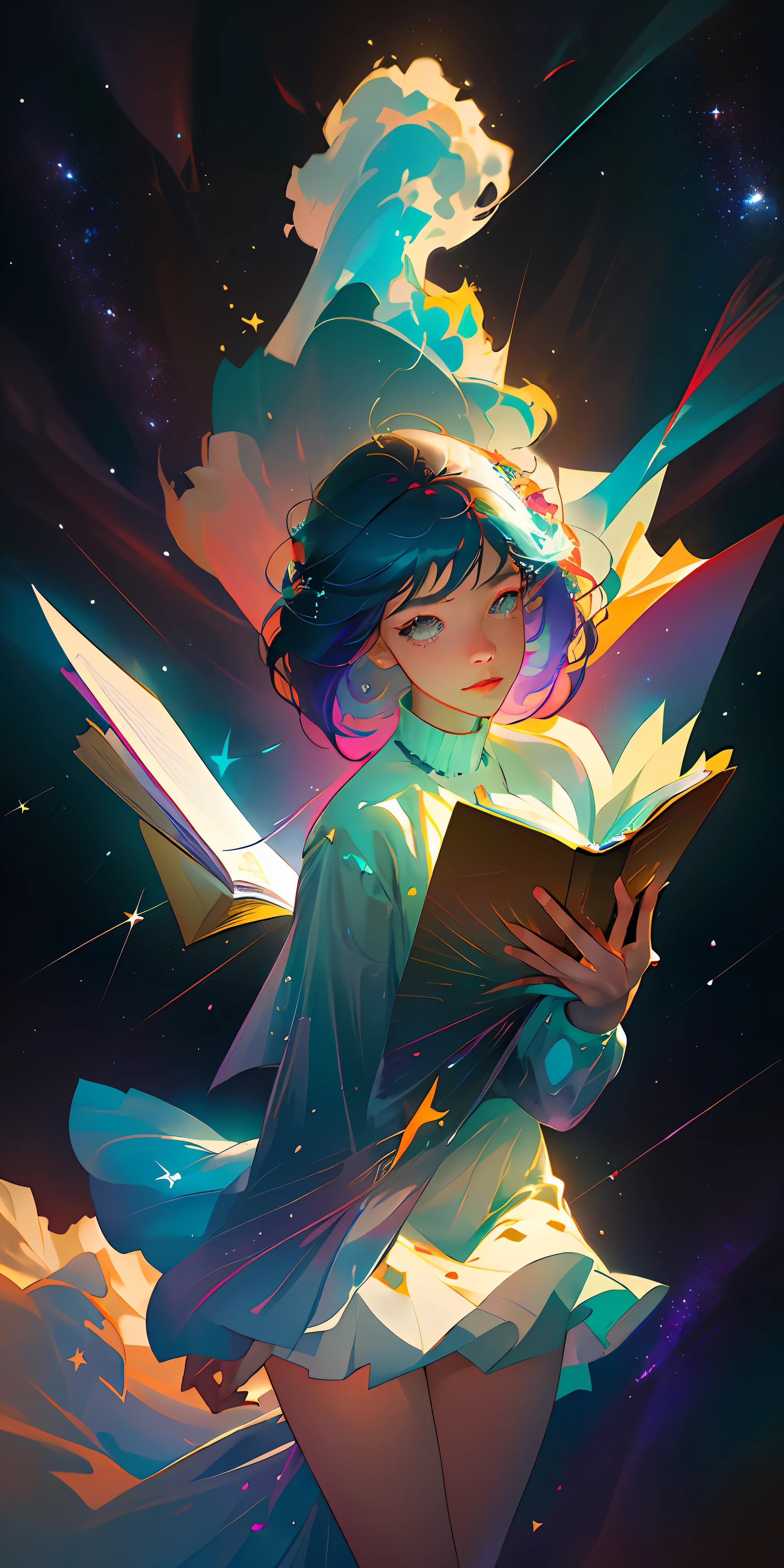 (best quality, masterpiece), 1girl, reading a book, particle, wind, flower, upper body, simple background, looking at viewer, rainbow colored hair, teal short floating dress, cosmic, nebulas, galaxy