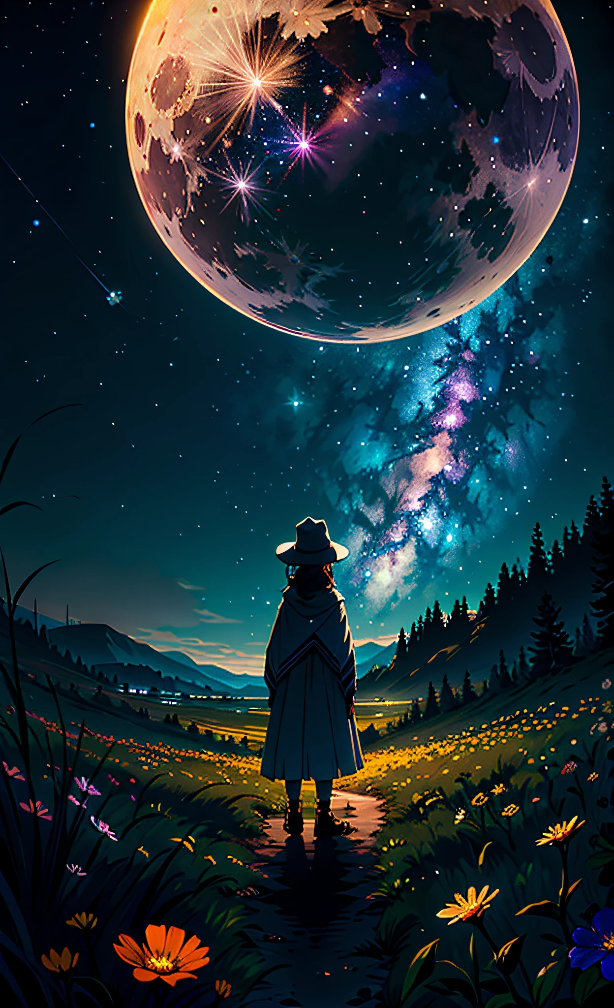 Expansive landscape photograph, (view from below with a view of the sky and the wilderness below), little girl standing in a flower field looking up, (full moon: 1.2), (shooting star: 0.9), (nebula: 1.3), distant mountain, tree break production art, (warm light source: 1.2), (firefly: 1.2), lamp, purple and orange, intricate detail, volume lighting BREAK (masterpiece: 1.2), (highest quality ), 4k, ultra-detailed, (dynamic configuration: 1.4), highly detailed and colorful details (iridescent: 1.2), (sparkling lighting, atmospheric lighting), dreamy, magical, (solo: 1.2)
