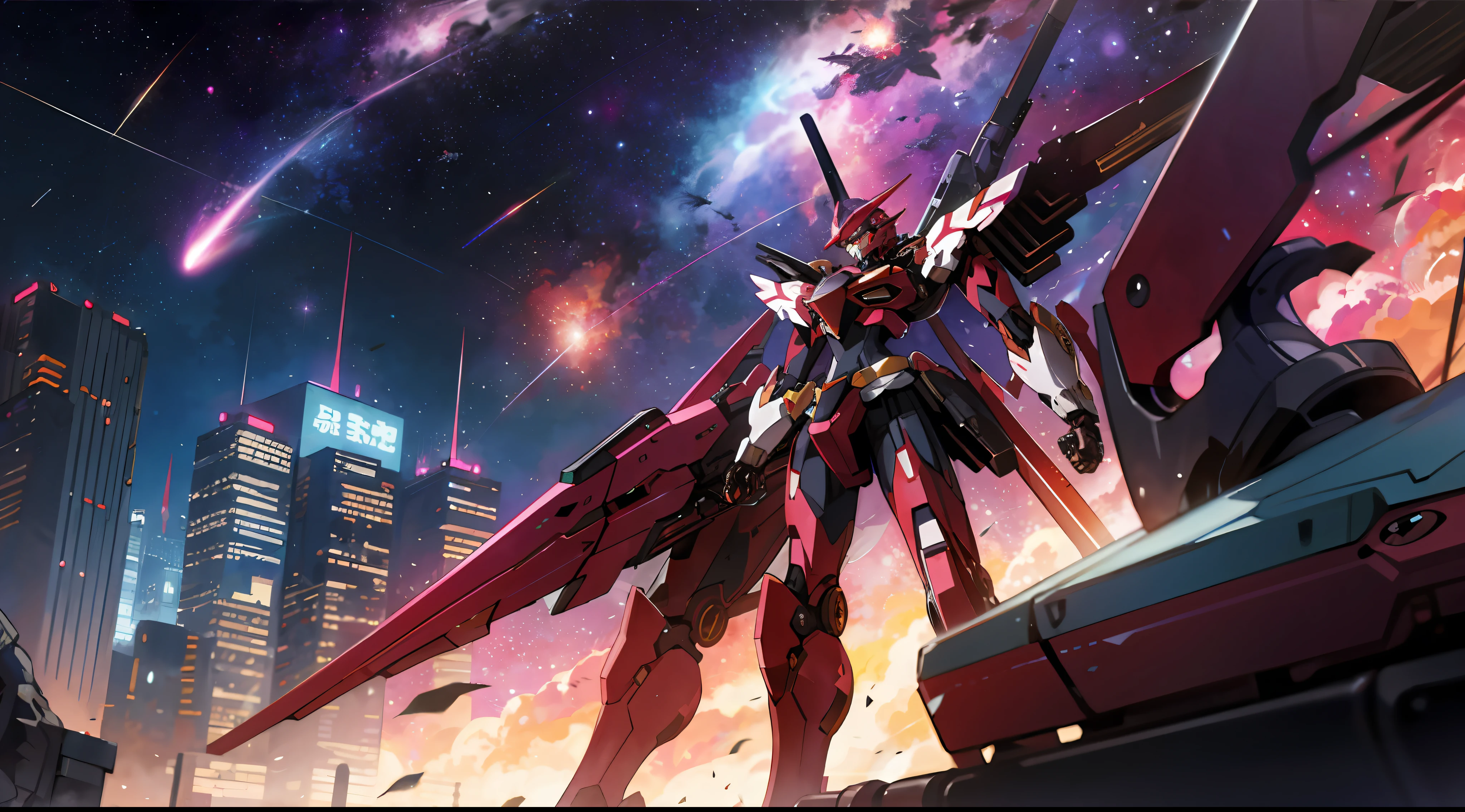 A war of colored rayearth mechas in a cyberpunk metropolis, red cosmic nebulas and stars in the sky