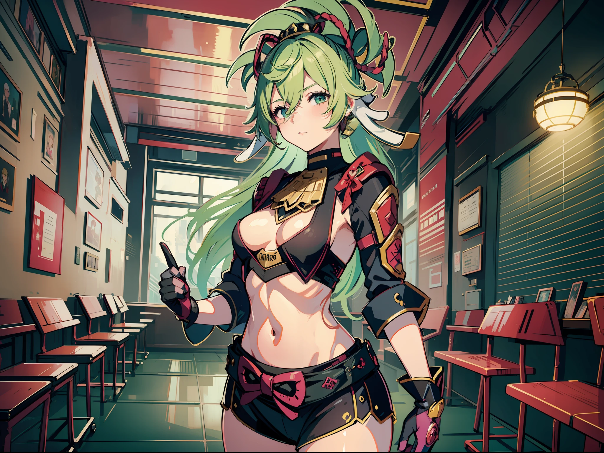 1girl, solo, small breasts, gloves, hair between eyes, standing, full body, mask, in court, public speech, lawyer, suit attire, in front of table, explaining, green hair, pink attire, cowboy shot, masterpiece, best quality