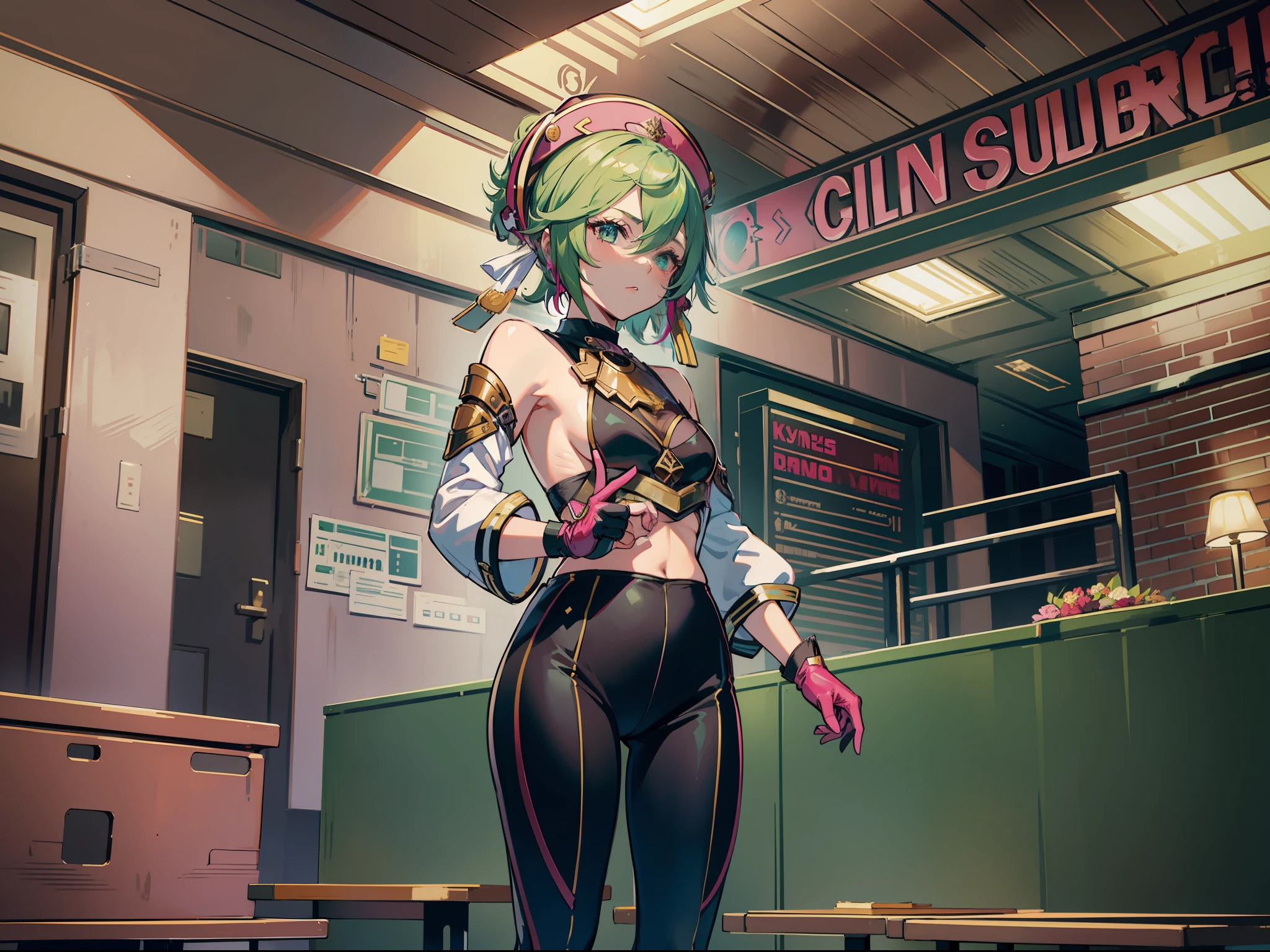 1girl, solo, small breasts, gloves, hair between eyes, standing, full body, mask, in court, public speech, lawyer, suit attire, in front of table, explaining, green hair, pink attire, cowboy shot, masterpiece, best quality
