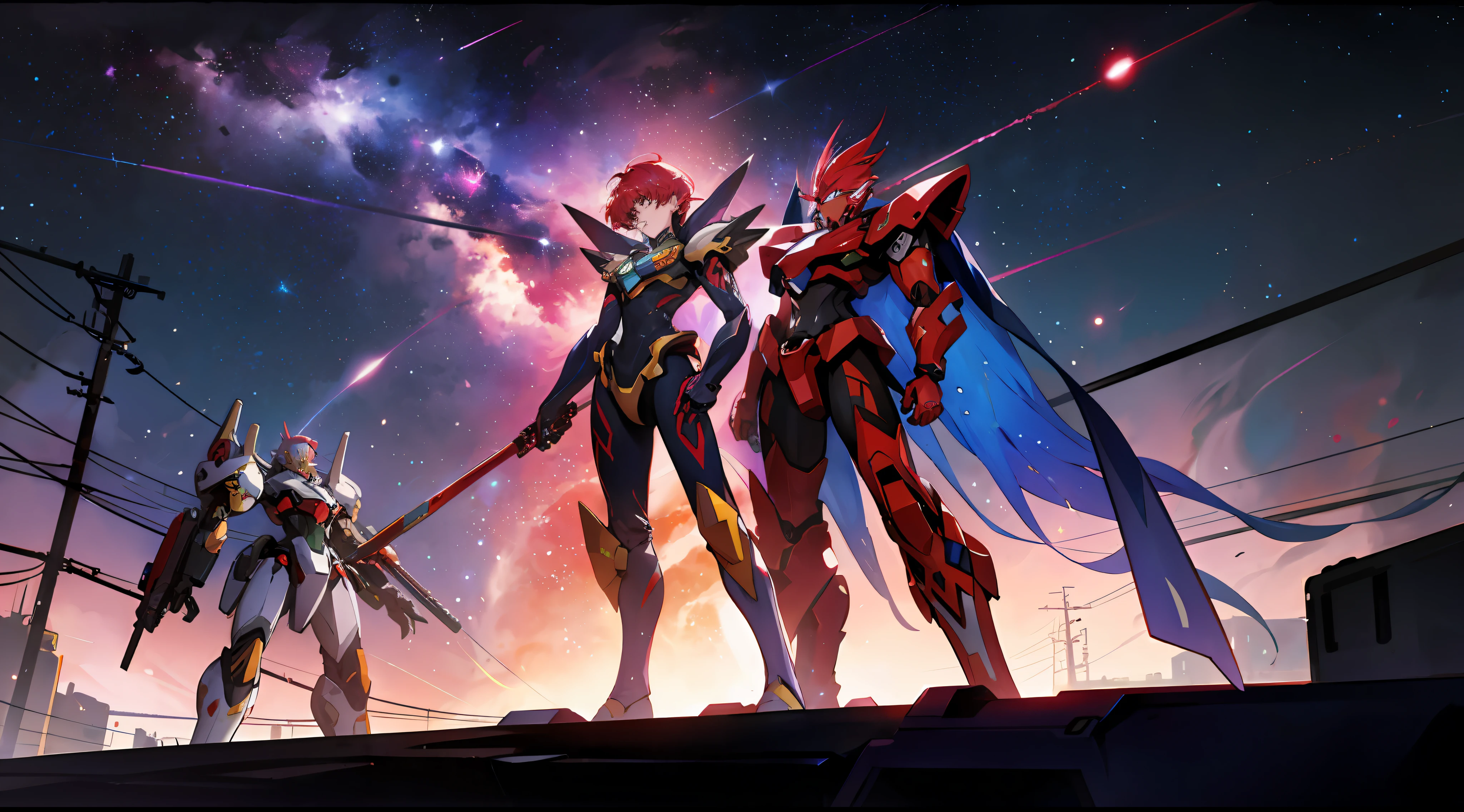 A war of colored rayearth mechas in a cyberpunk metropolis, red cosmic nebulas and stars in the sky