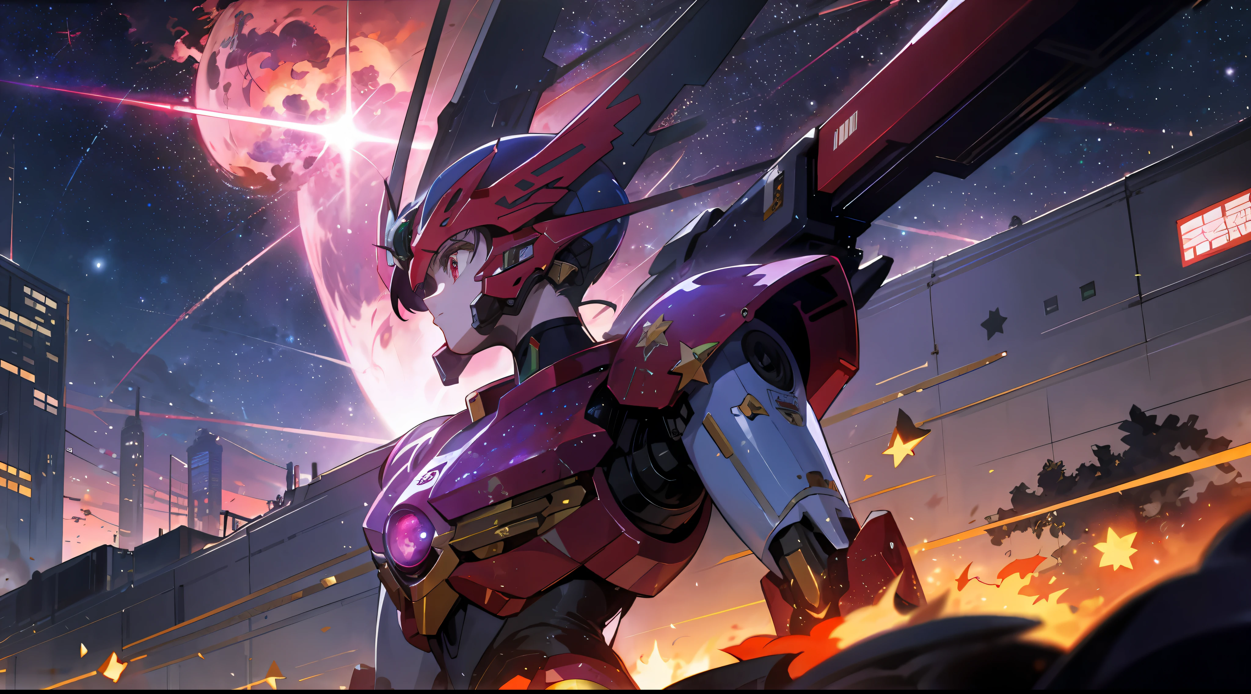 A war of colored rayearth mechas in a cyberpunk metropolis, red cosmic nebulas and stars in the sky