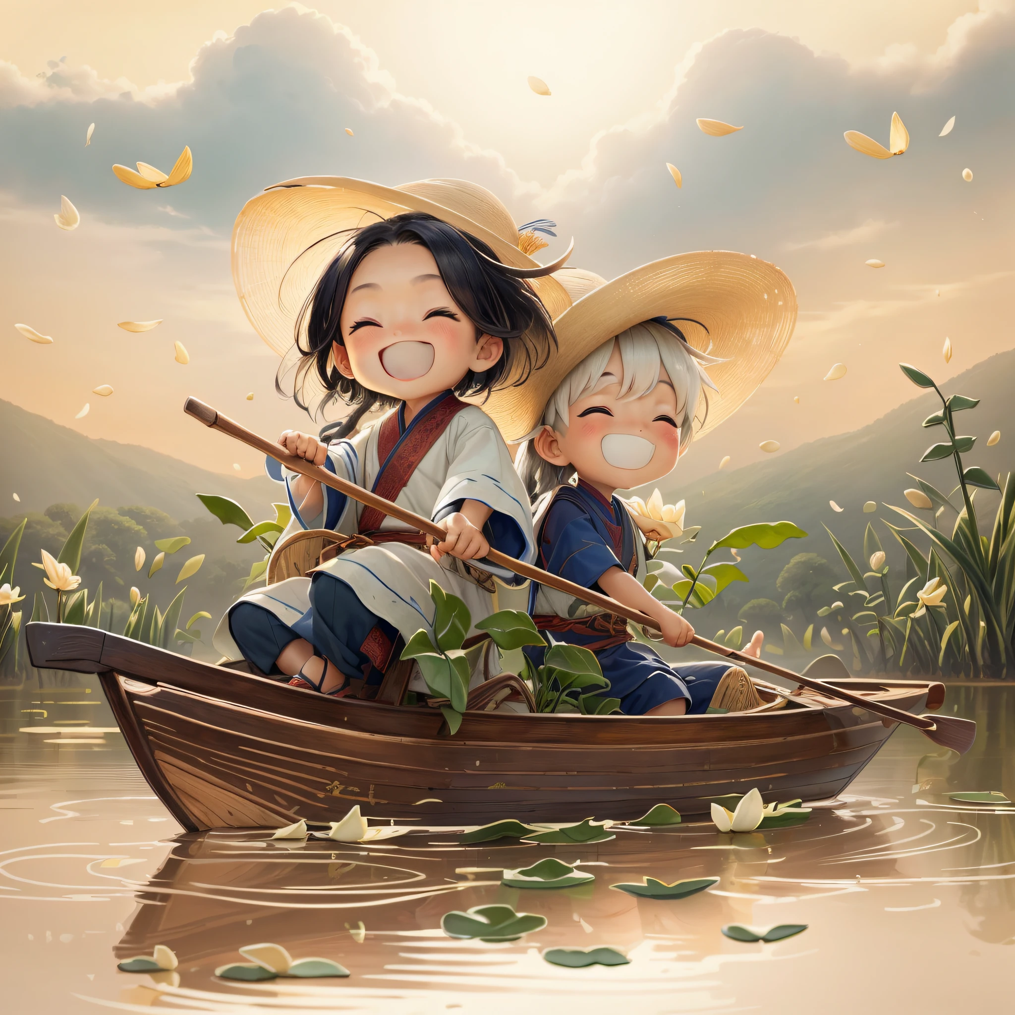 An ancient Chinese boy and an ancient Chinese girl happily rowing a boat with swaying lotus leaves and lotus flowers on the lake, countryside, rice fields, fantasy, vista, joy, joy, perfect quality, clear focus, (Masterpiece: 1.2) (Realistic: 1.2) (Vista) (Best quality) (Detailed skin: 1.3) (Intricate details) (8K) (Detail Eye) (Sharp Focus)