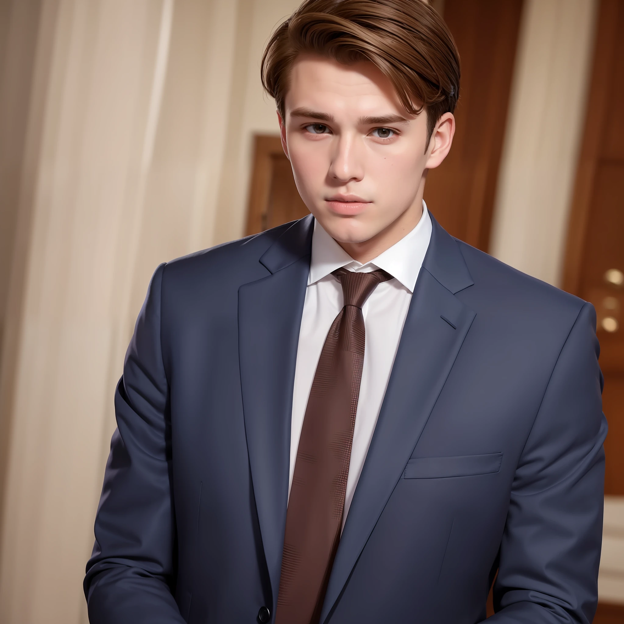 19-year-old white man with brown hair wearing suit and tie with square jaw, with soft lighting