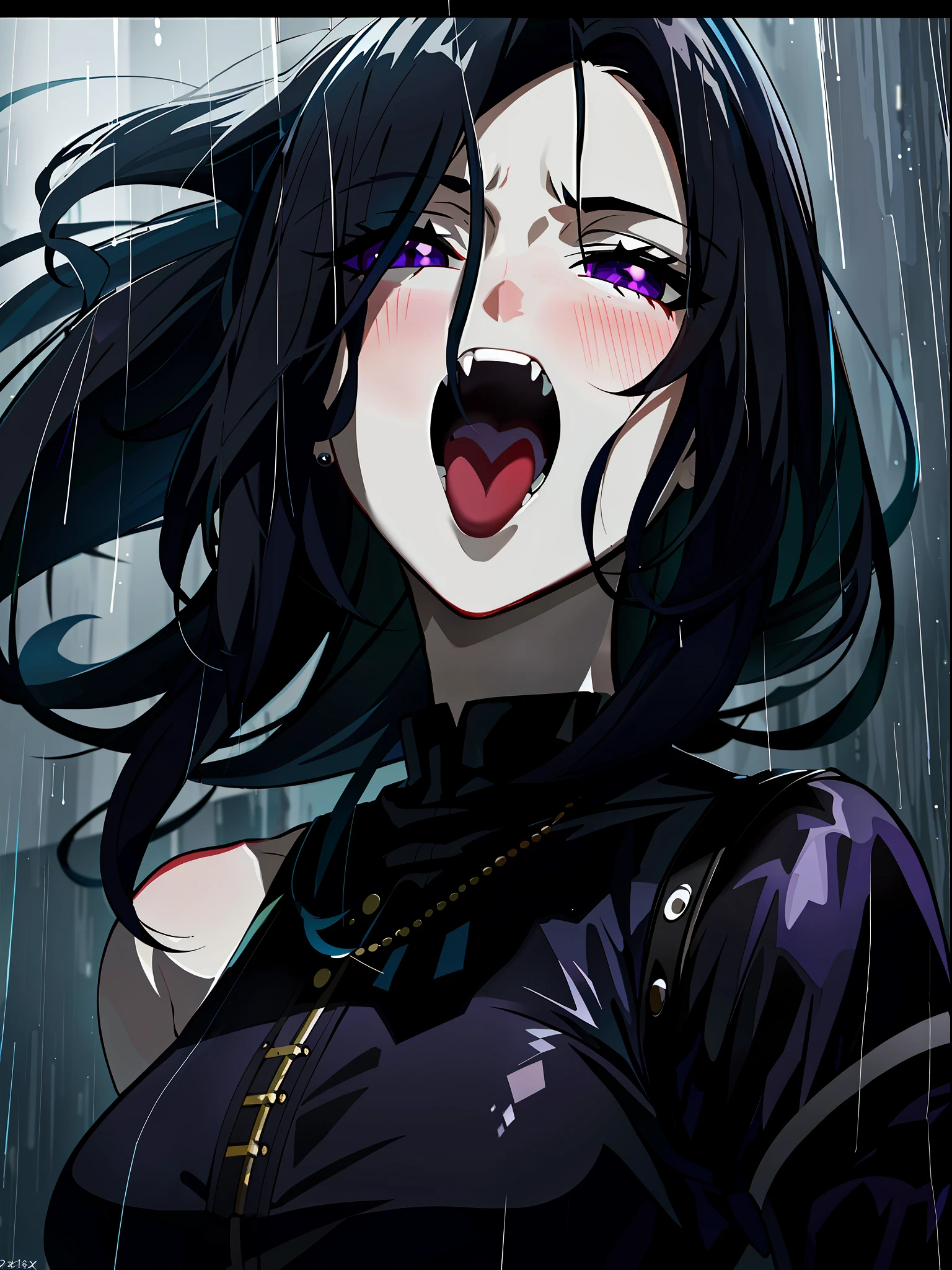 1girl,solo, (8k, best quality, masterpiece:1.37), (RAW photo), (detailed face and eyes), super detailed, best quality, anime girl with super high resolution, black hair and black necklace with blood droplets, portrait of vampire queen in gorgeous black dress, anime girl in black dress, 1 - anime gothic girl, gothic art, detailed fan art, solo, crazy, looking at the audience, high quality fan art, tifa lockhart bare-shouldered, black dress, Black hair, black hair and white teeth in the rain, in the rain, extremely seductive, albedo style of anime overlord, 17 years oll, selected anime stills, black hair, tongue sticking, fangs, blood stains, stained glass purple moonlight and chandeliers.