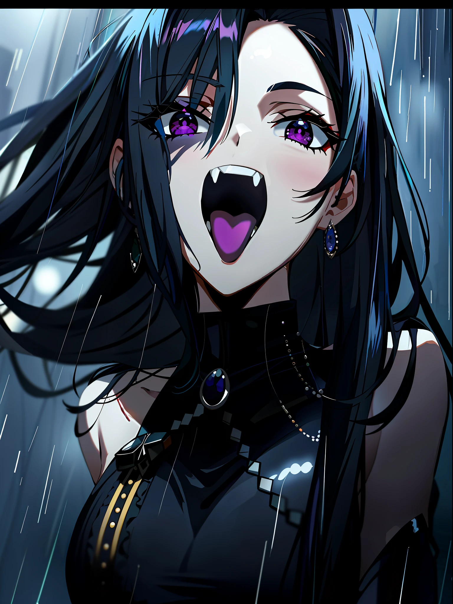 1girl,solo, (8k, best quality, masterpiece:1.37), (RAW photo), (detailed face and eyes), super detailed, best quality, anime girl with super high resolution, black hair and black necklace with blood droplets, portrait of vampire queen in gorgeous black dress, anime girl in black dress, 1 - anime gothic girl, gothic art, detailed fan art, solo, crazy, looking at the audience, high quality fan art, tifa lockhart bare-shouldered, black dress, Black hair, black hair and white teeth in the rain, in the rain, extremely seductive, albedo style of anime overlord, 17 years oll, selected anime stills, black hair, tongue sticking, fangs, blood stains, stained glass purple moonlight and chandeliers.