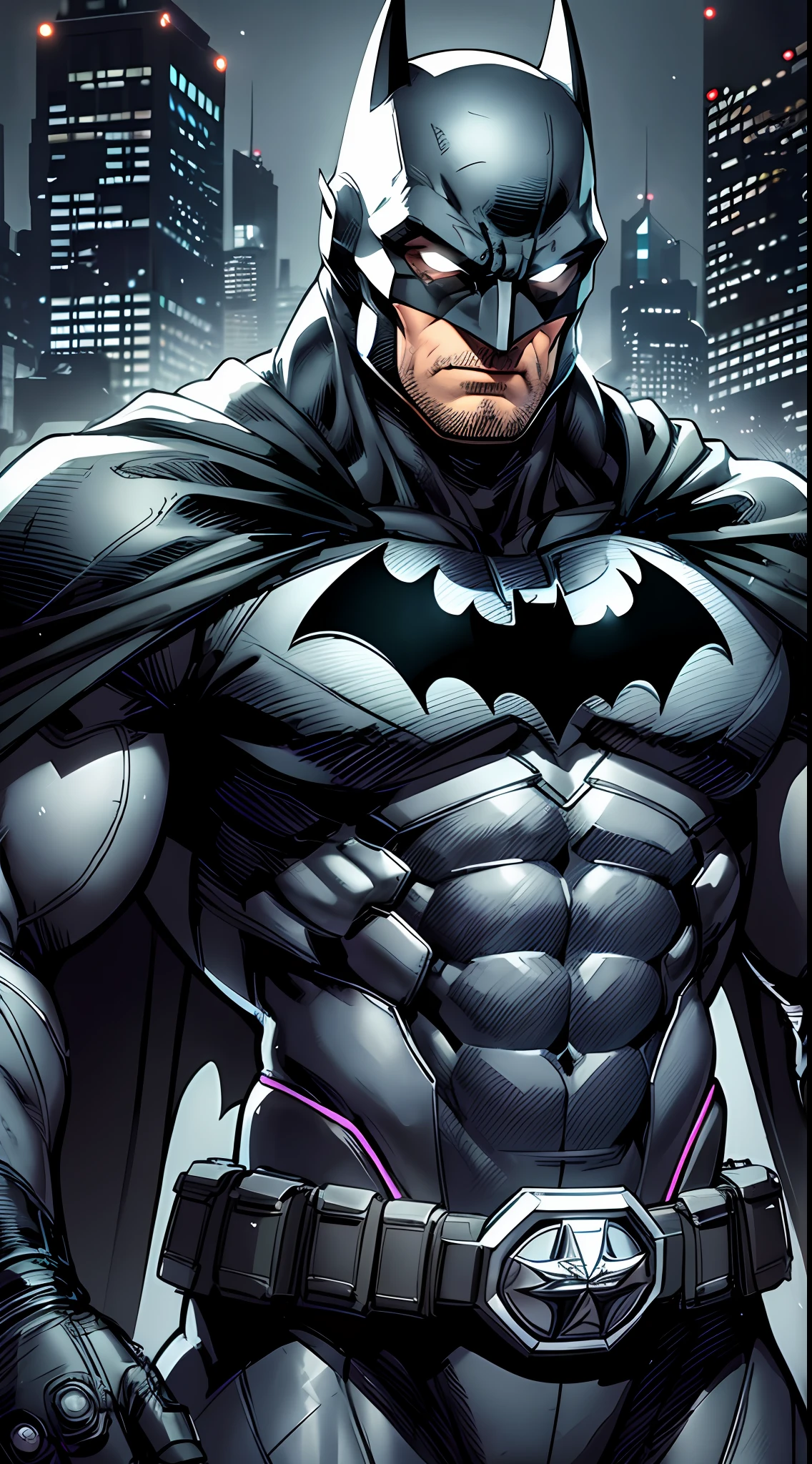 Batman,macho, tall, hunk, muscular, black and grey neon suit, best quality, masterpiece, long black cape, short ears on the helmet, white eyes, no pupils, serious face, ultra detailed suit, detailed face, badass pose, high resolution, dark grey ultility belt, super realistic, night, dark atmosphere, flowing cape, award winning