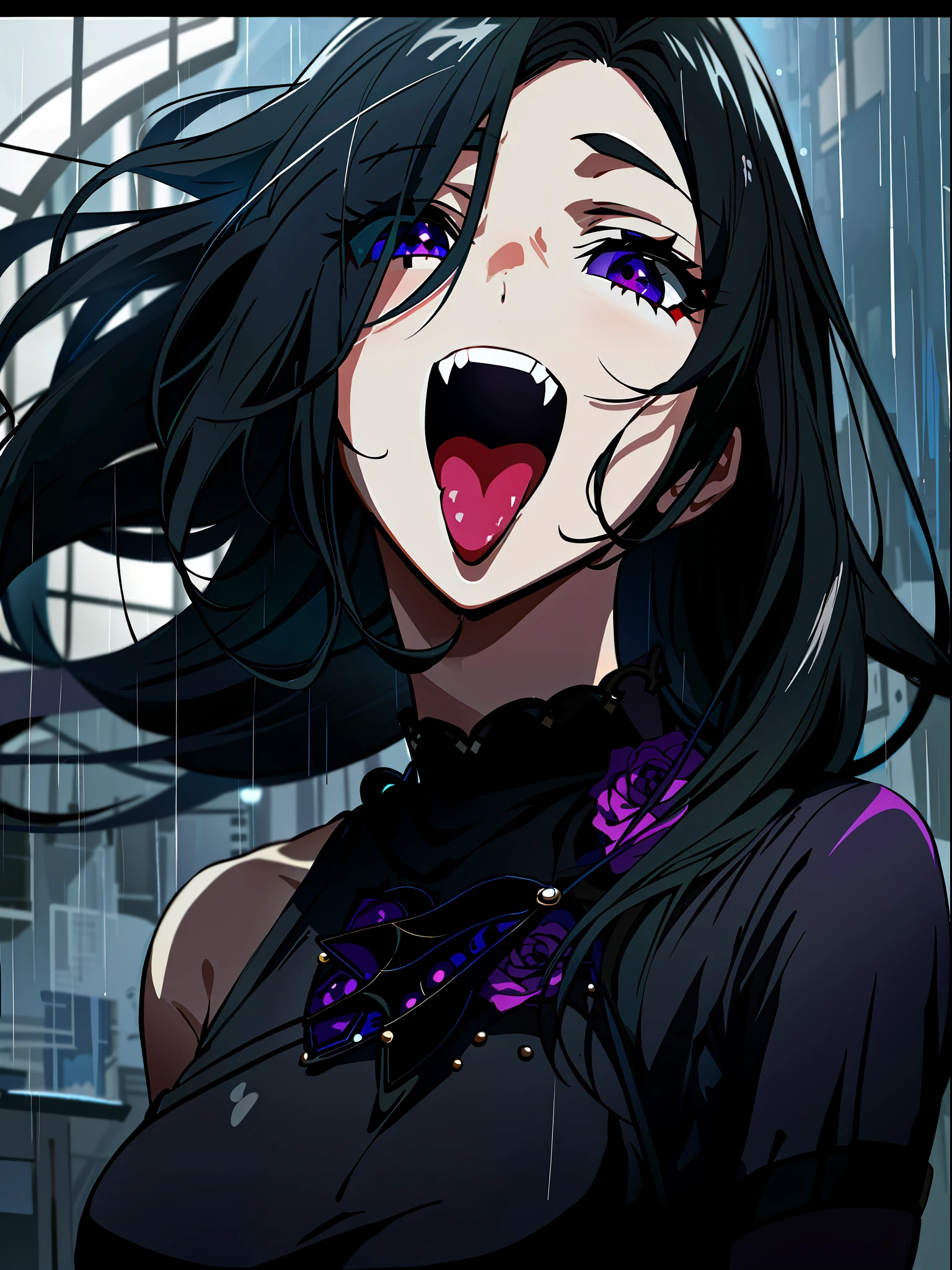1girl,solo, (8k, best quality, masterpiece:1.37), (RAW photo), (detailed face and eyes), super detailed, best quality, anime girl with super high resolution, black hair and black necklace with blood droplets, portrait of vampire queen in gorgeous black dress, anime girl in black dress, 1 7 - anime gothic girl, gothic art, detailed fan art, solo, crazy, looking at the audience, high quality fan art, tifa lockhart bare-shouldered, black dress, Black hair, black hair and white teeth in the rain, in the rain, extremely seductive, albedo style of anime overlord, 17 years irl, selected anime stills, black hair, tongue sticking, fangs, blood stains, stained glass purple moonlight and chandeliers.