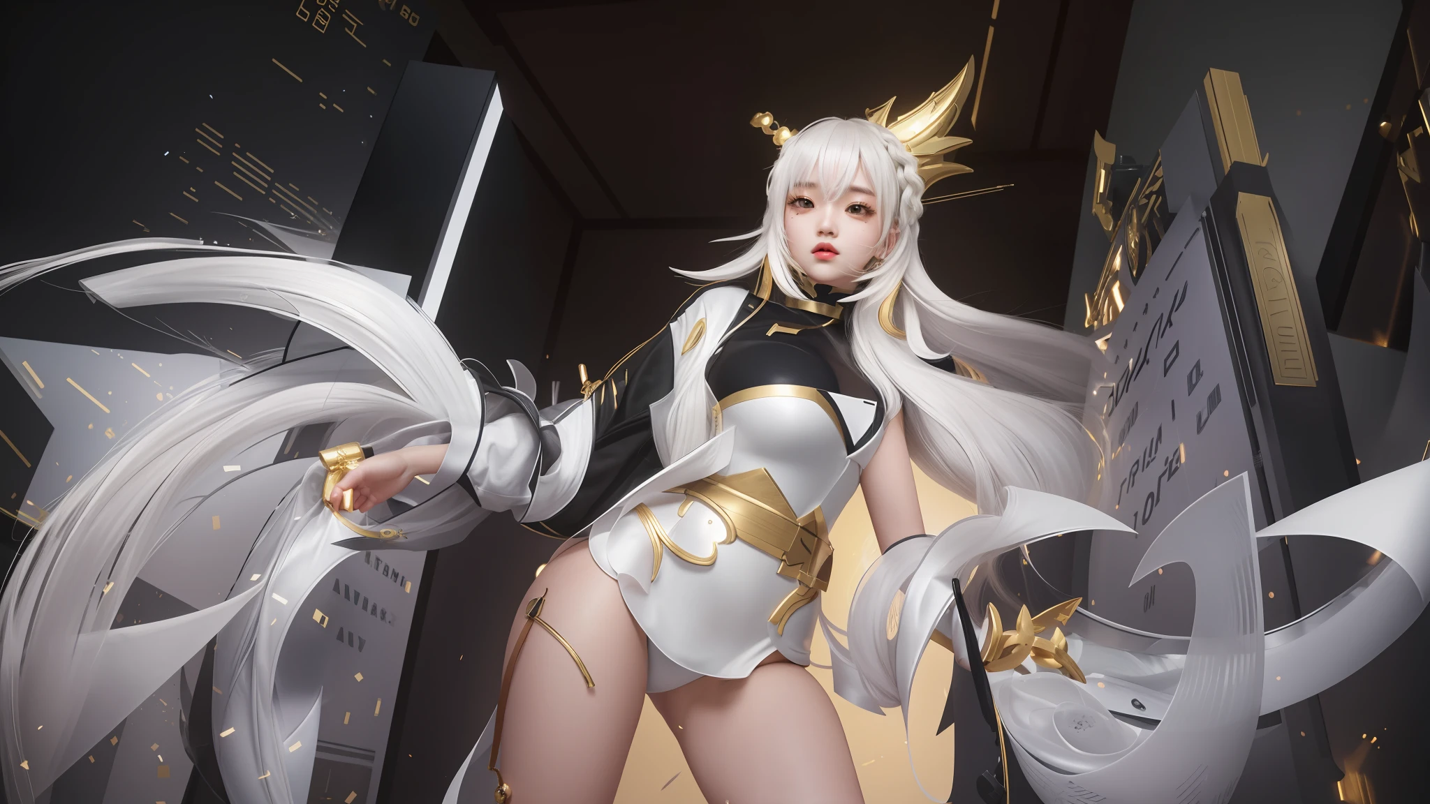 An Idol k-pop girl, cute girl, sexy girl, braid hair, white colored hair, intricate face details, detailed face, golden ratio face, big breast, big butt, big hip, big thighs, full body, 64K, UHD, HDR, high quality, high detailed, hyper detailed, photo realistic, ultra realistic, art photo, clarify the details, detailed parts body, intricate artwork masterpiece, trending on art-station