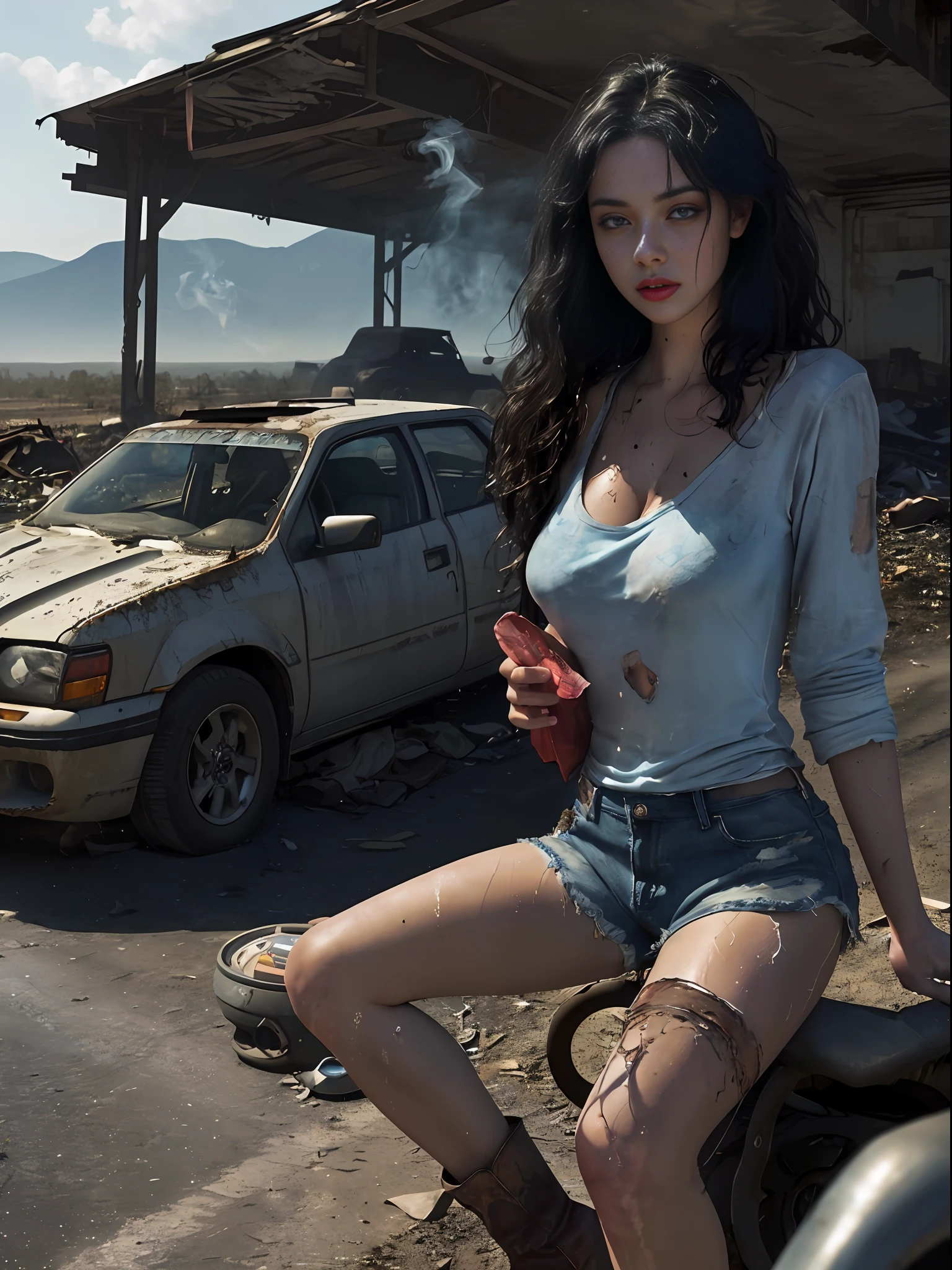 Yael Shelbia (beautiful and bold, seductive and attractive, blue eyes, pointed breasts, long curly black hair, sweaty body, open shirt, short shorts, boot, short glove, thick legs). (deserted road, dirt road, smoke, abandoned cars, newspapers, abandoned objects, bodies lying on the ground, abandoned road, apocalyptic scenery, cinematic effect), (Best quality, masterpiece, depth of field, Full HD, 4K, richness of detail). Portrait style