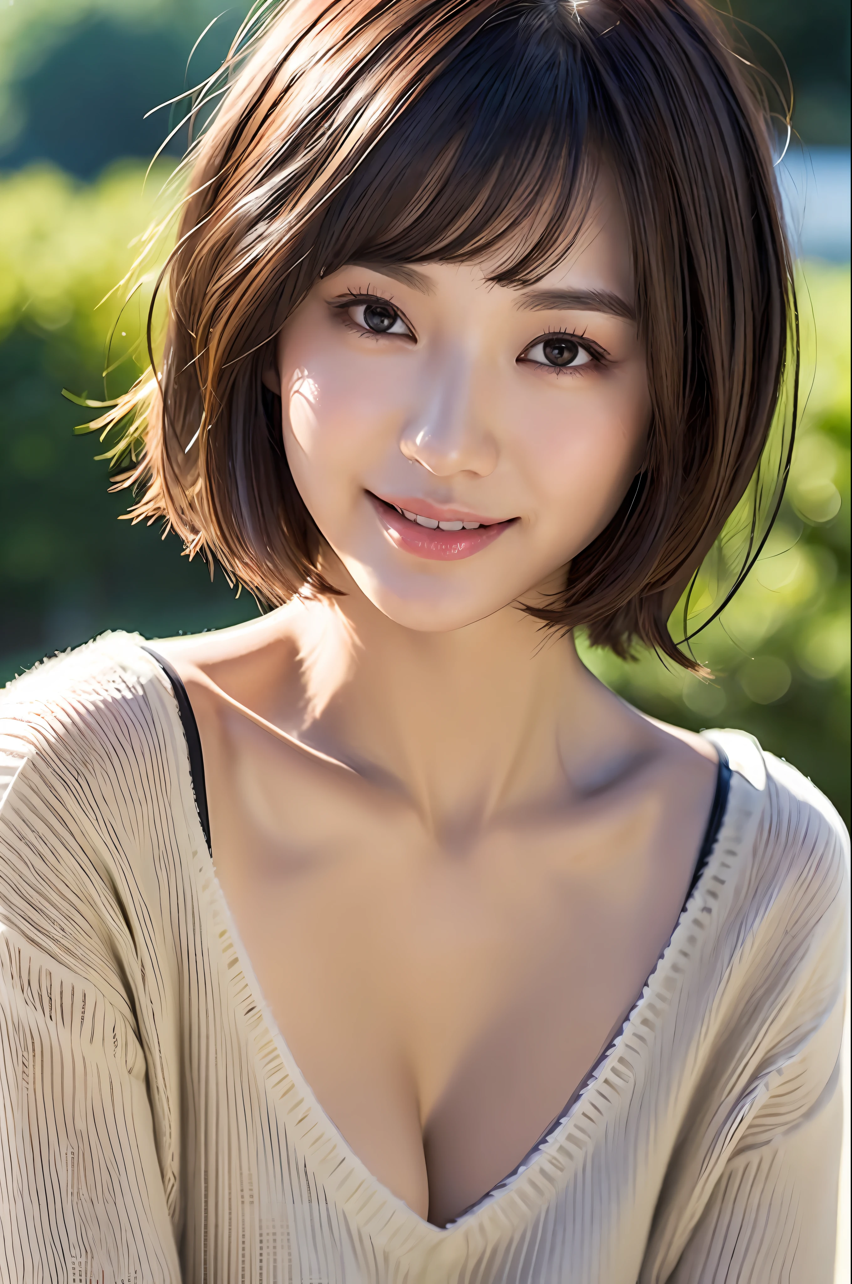 Top Quality, Masterpiece, Ultra High Resolution, (Photorealistic: 1.4), Diagonal Sideways, 1 Girl, Dark Brown Short Hair, (Bobobs Bobcut: 1.4, Bangs, Patsun), Smile, Glossy Skin, Dramatic Lighting, Neat, T-Shirt, White Summer Sweater, (Big: 0.9), Park