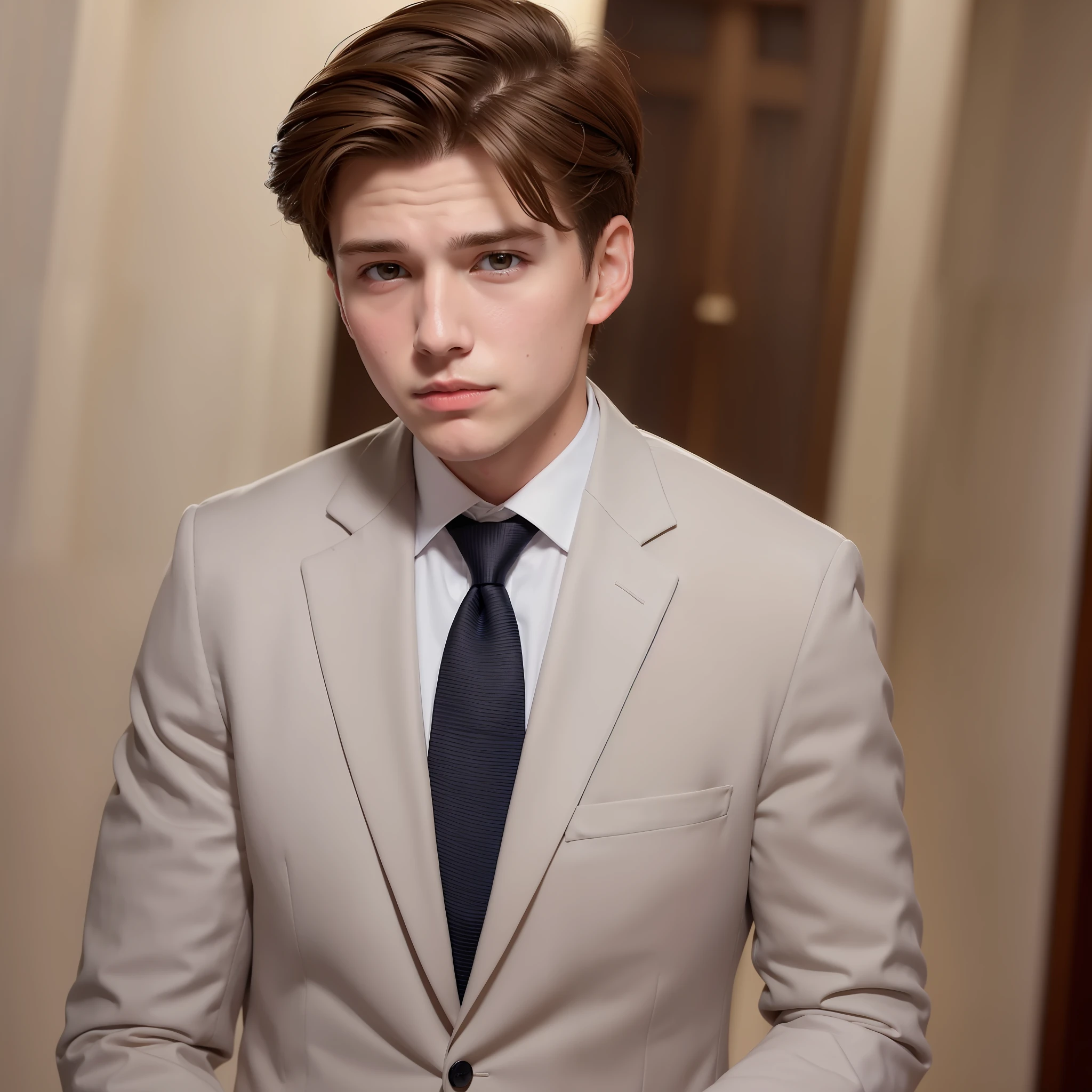 19-year-old white man with brown hair wearing suit and tie with square jaw, with soft lighting