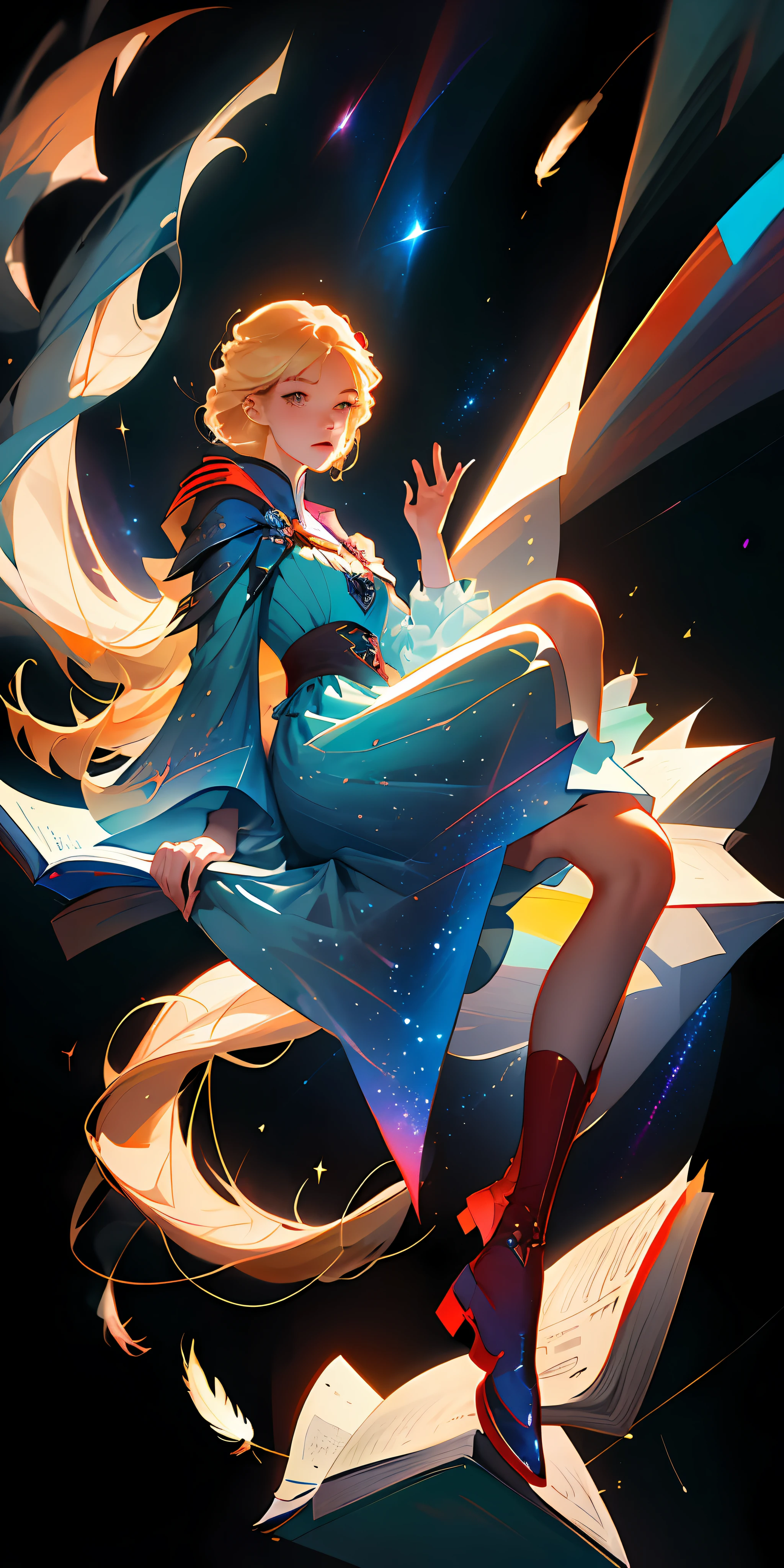 (best quality, masterpiece), full body, 1girl, reading a book, particle, wind, feathers, looking at viewer, blonde wildly long hair, cosmic, blue short dress, red boots, nebulas, galaxy