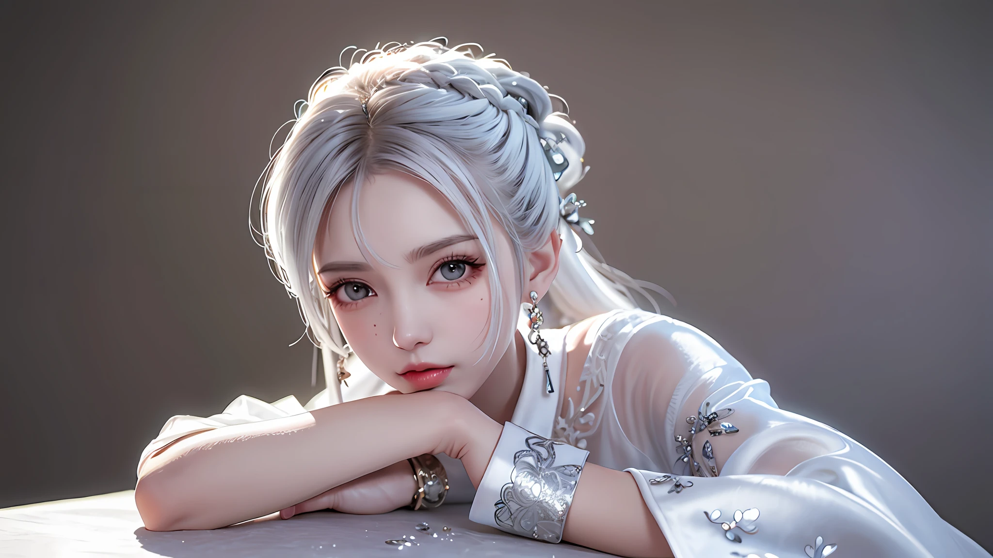 (best quality, masterpiece:1.2), ultra high res, realistic, front lighting, intricate detail, Exquisite details and textures, 1girl, solo ,(young), face highlight, upper body, detailed face, tear mole, white skin, silver hair, ponytail, braid hair, looking at viewer, big eyes, silk robe, (hollow pattern, white, silk), earrings, small breasts, slim body, luxury room, professional lighting, photon mapping, radiosity, physically-based rendering,