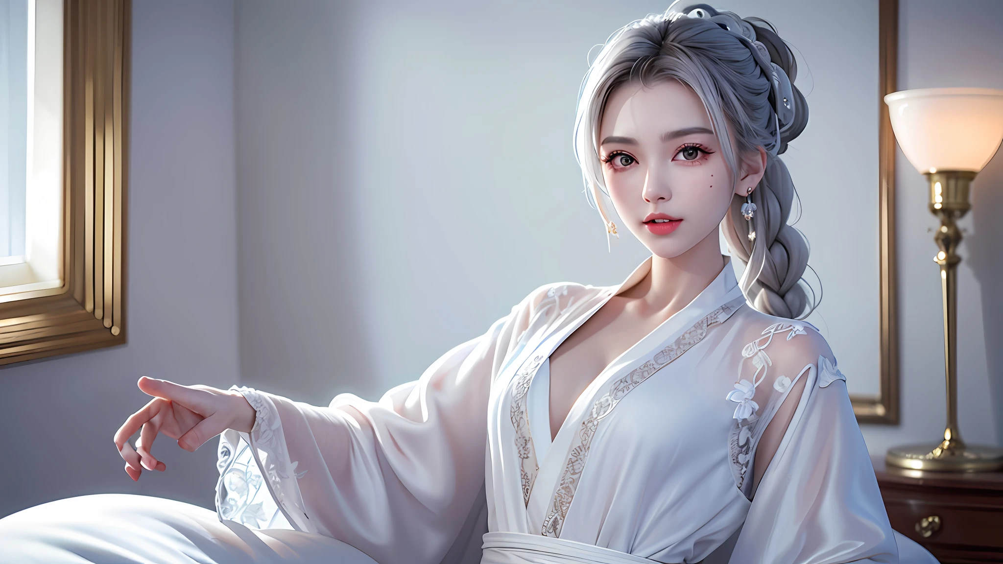 (best quality, masterpiece:1.2), ultra high res, realistic, front lighting, intricate detail, Exquisite details and textures, 1girl, solo ,(young), face highlight, upper body, detailed face, tear mole, white skin, silver hair, ponytail, braid hair, looking at viewer, big eyes, silk robe, (hollow pattern, white, silk), earrings, small breasts, slim body, luxury room, professional lighting, photon mapping, radiosity, physically-based rendering,