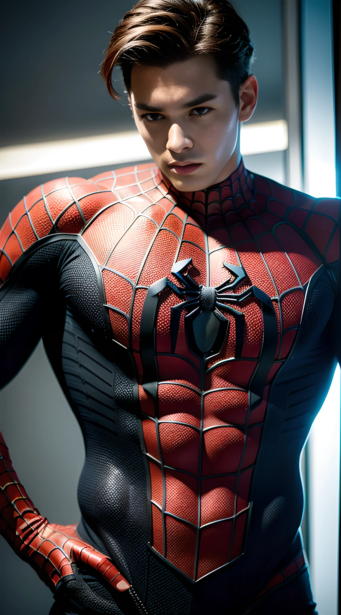 (one), (man), spider-man, handsome muscular high school boy, (high detail: 1 1), natural skin, high quality, beautiful eyes, (detailed face and eyes), (face: 1 2), noise, real photo, PSD, sharp focus, high resolution 8K, realistic and professional photo, 8K UHD, soft lighting, high quality, film grain, Fujifilm XT3