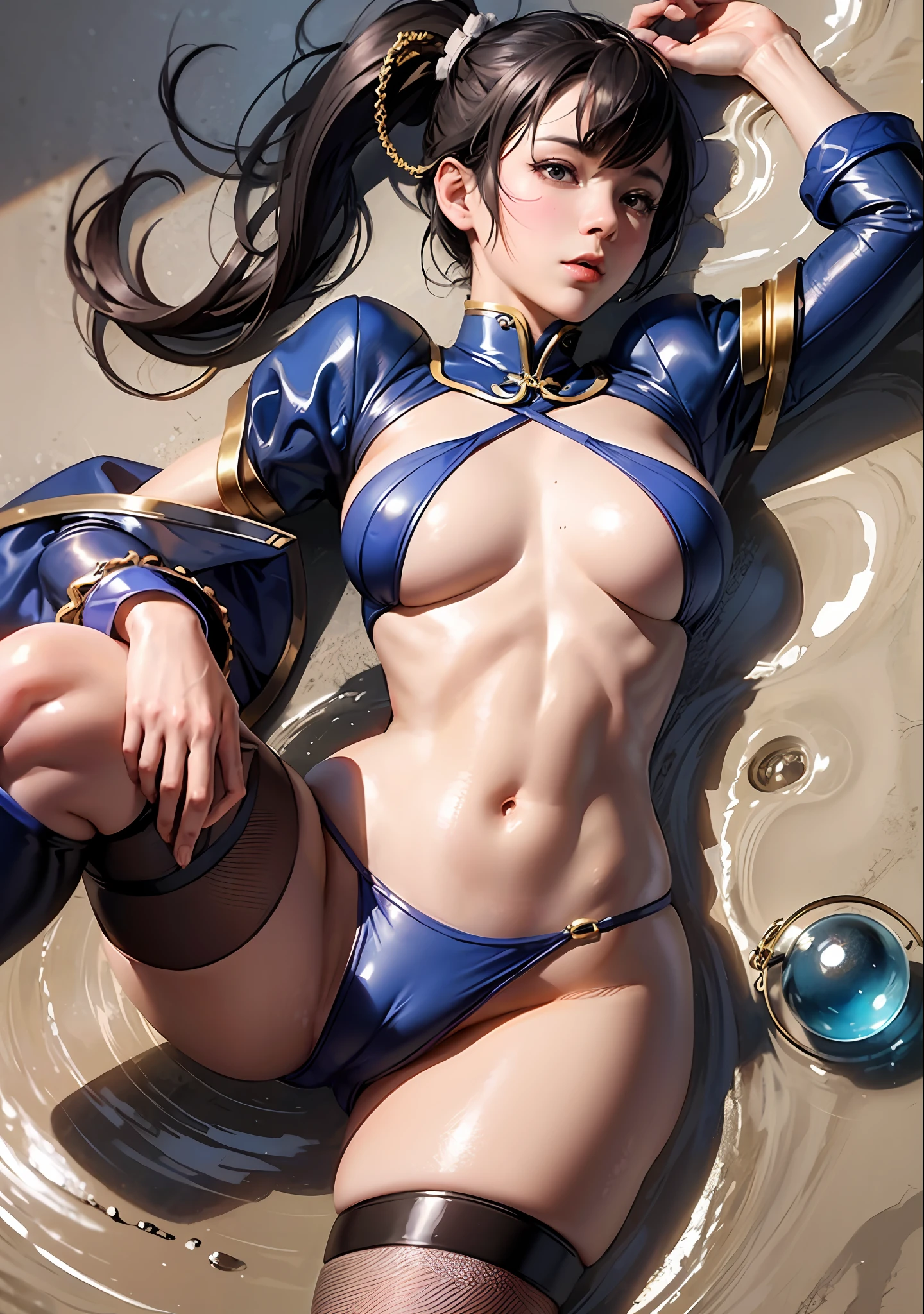 Street Fighter's Chun Li, Very Beautiful Girl, Small Man's Waist with Long Leg Proportions, Longeyelashes, Determined, White High Boots, Best Light and Shadow, Back-Up View, Capcom Style, Ultra HD, 8K, Real Skin, All Body is Water, Chun Li's Signature Moves, Black Stockings, Big Watery Eyes, High Nose Bridge, Small Mouth, Inserted, Lower Body Nudity, Big Breasts, Crotch Width, Black Stockings