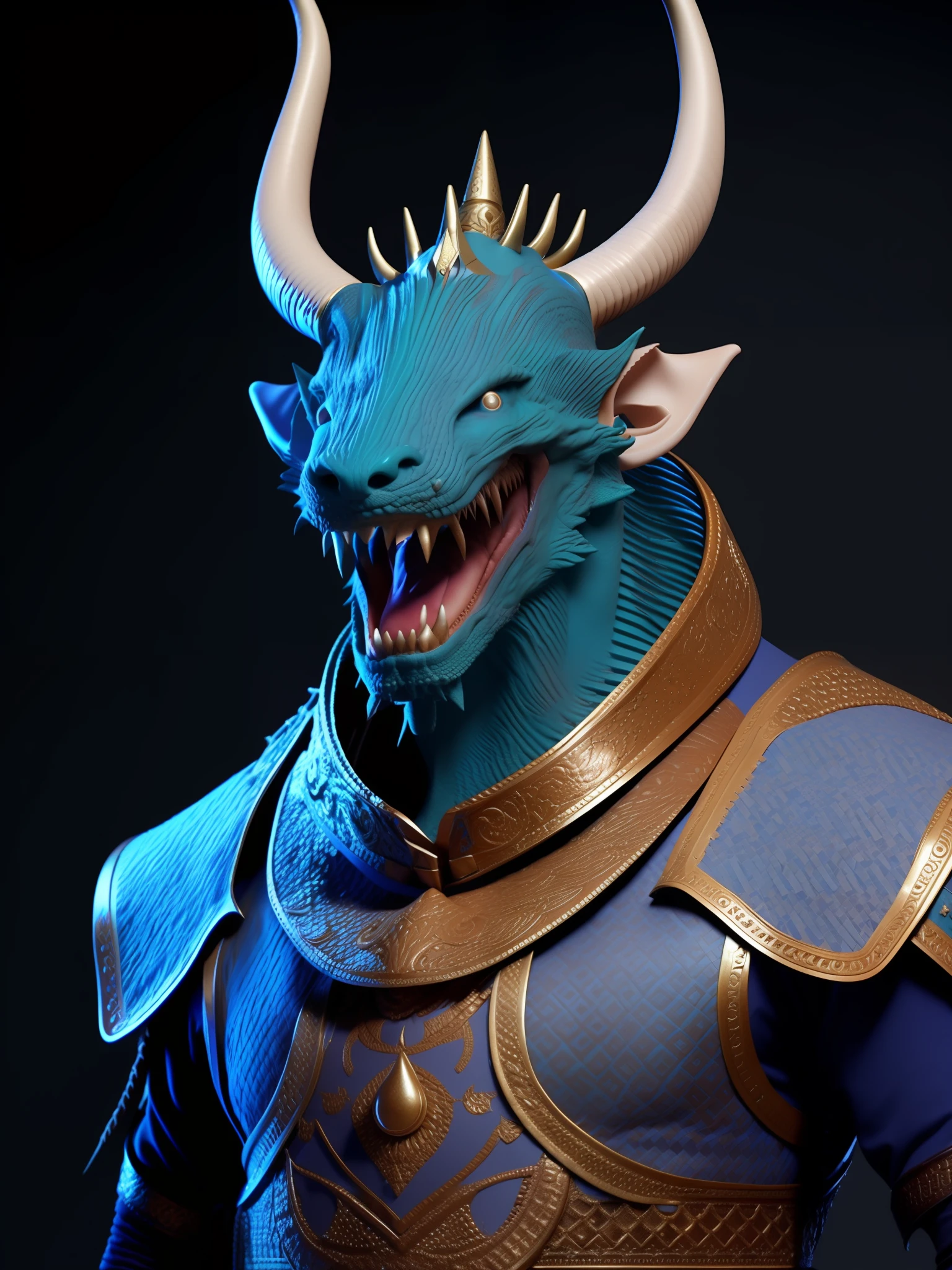 fking_scifi anthropomorphic Komodo Dragon King. Show the whole body. The skin color is blue-green. The presence of horns on the head. Armor with intricate details. Rich in scale texture. Professional studio shots. Ultra-realistic, intricate details