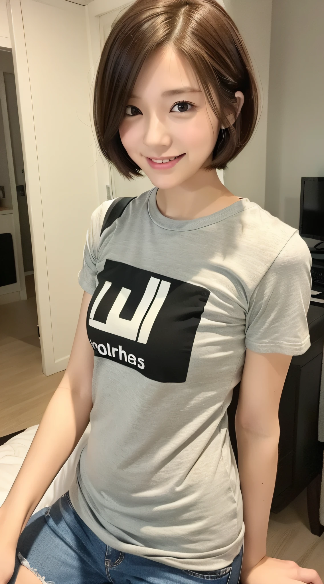 (Top Quality, 8k, Masterpiece: 1.3)), Sharp Focus, One Girl, Slim Beauty: 1.2, Brown Hair, (Short Hair), (Large: 1.5), (Layer Cut), Detailed Eyes, Double Eyelids, Cute Smile, Mouth Closed, Ultra Realistic, Ultra Detailed, High Quality, Highly Detailed Face and Skin Texture, Indoors, Living Room, ( Very short-haired cute college girl who works part-time as a tutor), (clean casual adult clothes to tutor), (clean clothes), appeal baby face), uneven body, from the front