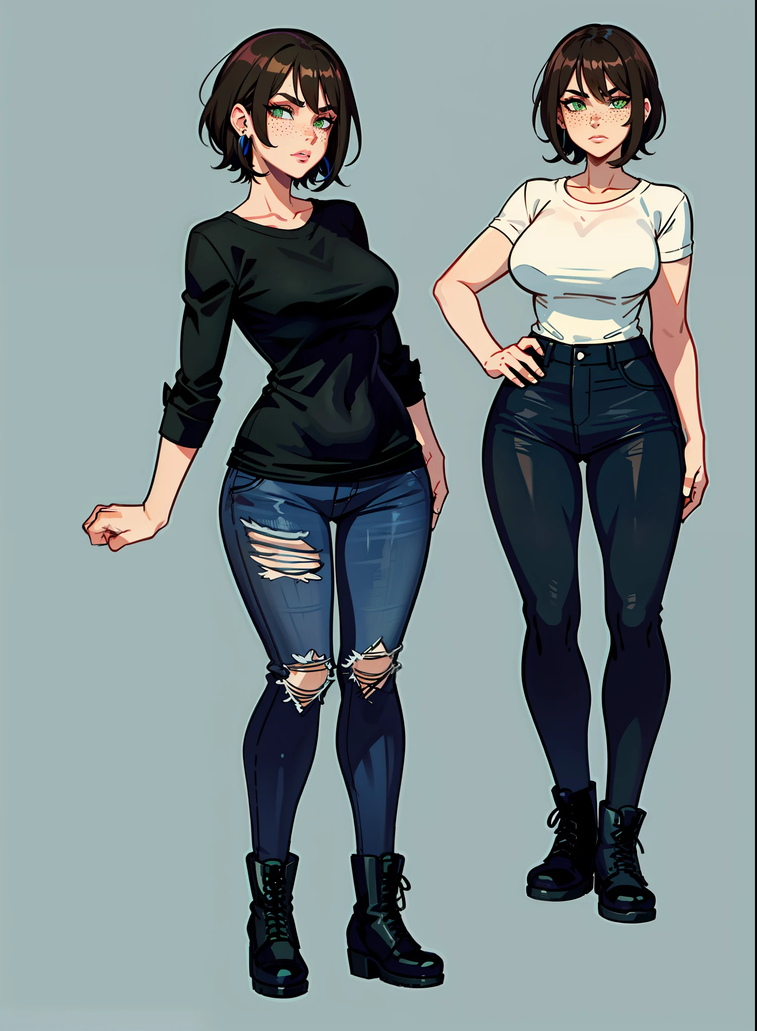 a cartoon drawing of a woman with a black baggy shirt and blue jeans, full body portrait of a short!, urban girl fanart, !!full body portrait!!, fullbody portrait, full body character portrait, wearing casual clothes, full-body character portrait, detailed full body portrait, character full body portrait, full body illustration, anime full body illustration, anime style character, short brown hair, combat boots, green eyes, Black sweater, freckles, hoop earings