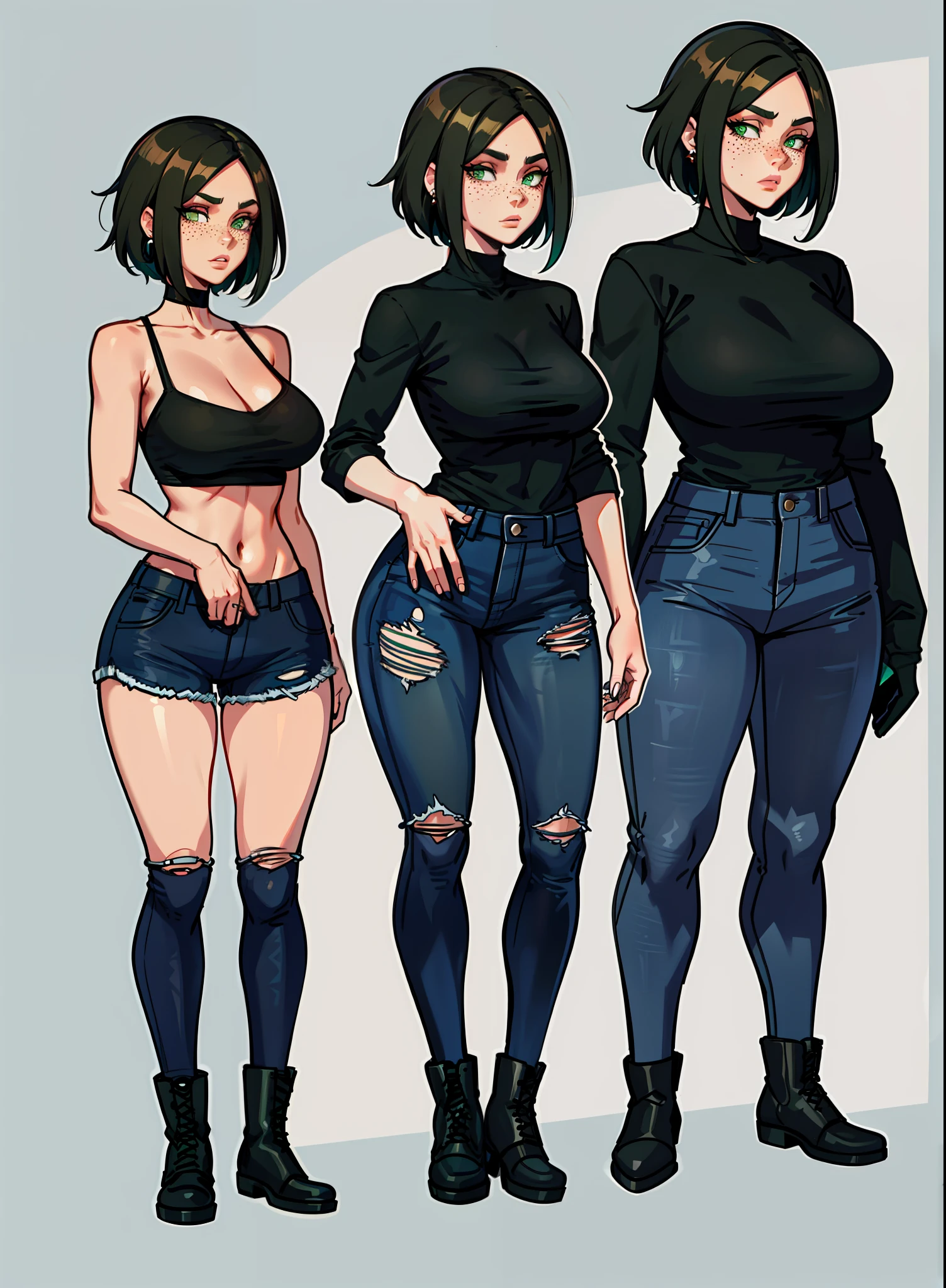a cartoon drawing of a woman with a black baggy shirt and blue jeans, full body portrait of a short!, urban girl fanart, !!full body portrait!!, fullbody portrait, full body character portrait, wearing casual clothes, full-body character portrait, detailed full body portrait, character full body portrait, full body illustration, anime full body illustration, anime style character, short brown hair, combat boots, green eyes, Black sweater, freckles, hoop earings