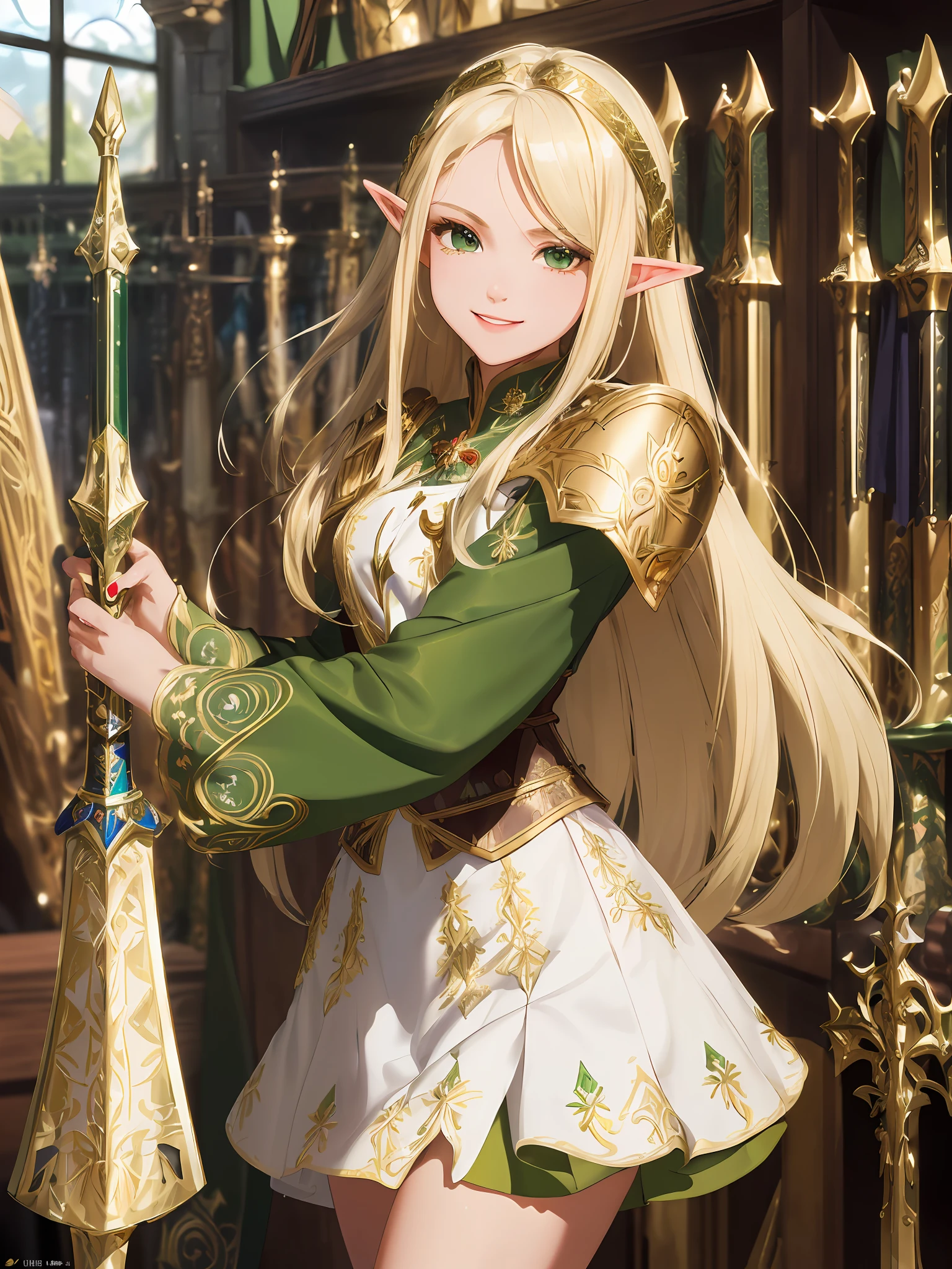 (Masterpiece, Best Quality, High Definition, High Detail)))), ((Fantasy)), One, (Elf Woman)))), (White Short Skirt with Gold Embroidery), (Blonde Long Straight Hair), (Glossy Dark Green Eyes), (Green Surcoat with Gold Embroidery), Big, Smile, (((In the Weapons Shop)), (Lots of Weapons and Armor)