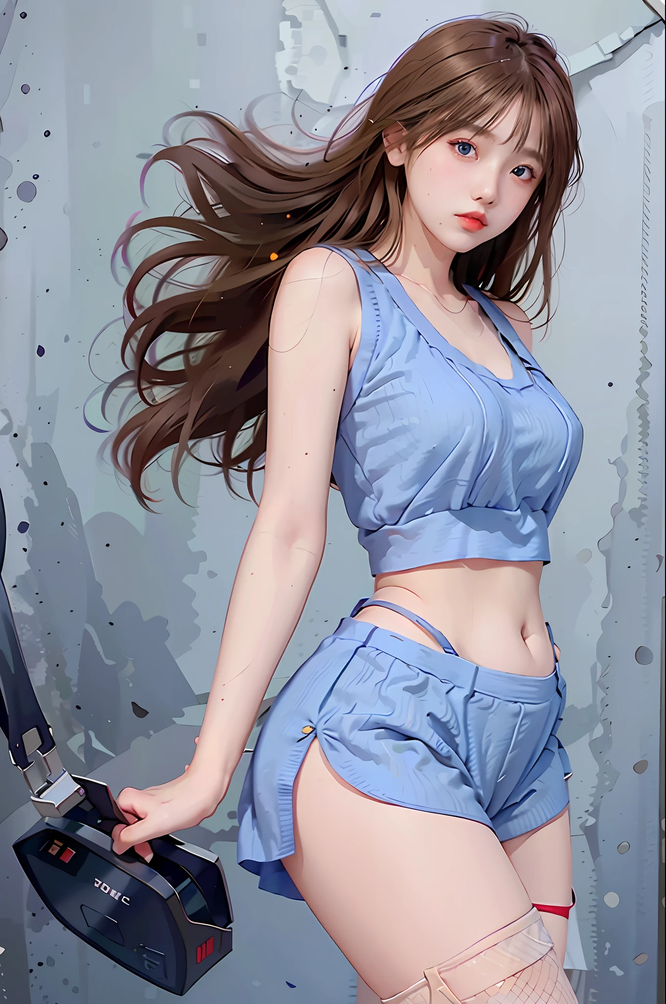 realistic, high resolution, 1 girl, , korean, blue eyes, suspenders, tank top, belly pocket, short skirt, shorts, stockings, fishnet socks, thick thighs