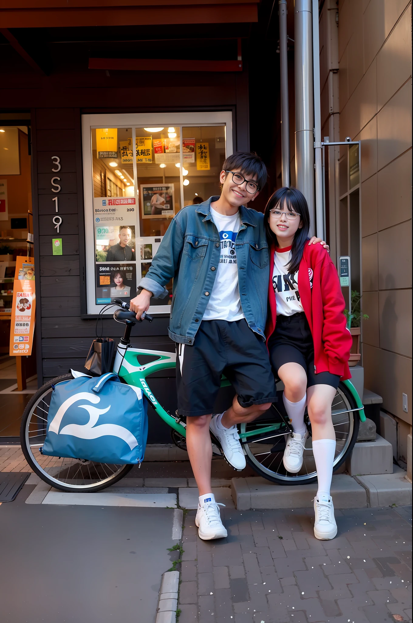 They sat together on a bicycle outside the store, took pictures with a Nikon D750, on the streets of Tokyo, happy !!! 1 boy 1 girl; Short boy hair, gold-rimmed glasses, blue denim jacket, black shorts; Girls with long black hair, white suspenders, red long-sleeved shirts, black short skirts; Looking at the lens, high quality