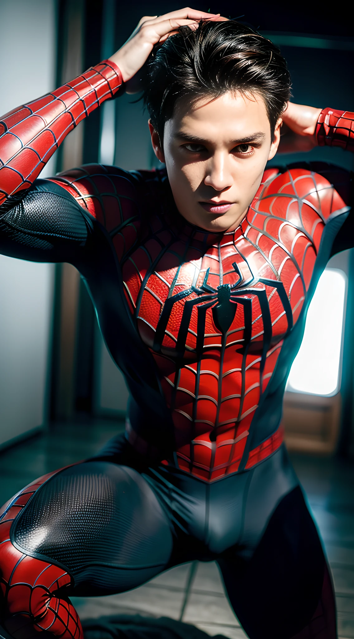 (one), (man), spider-man, handsome muscular high school boy, (high detail: 1 1), natural skin, high quality, beautiful eyes, (detailed face and eyes), (face: 1 2), noise, real photo, PSD, sharp focus, high resolution 8K, realistic and professional photo, 8K UHD, soft lighting, high quality, film grain, Fujifilm XT3