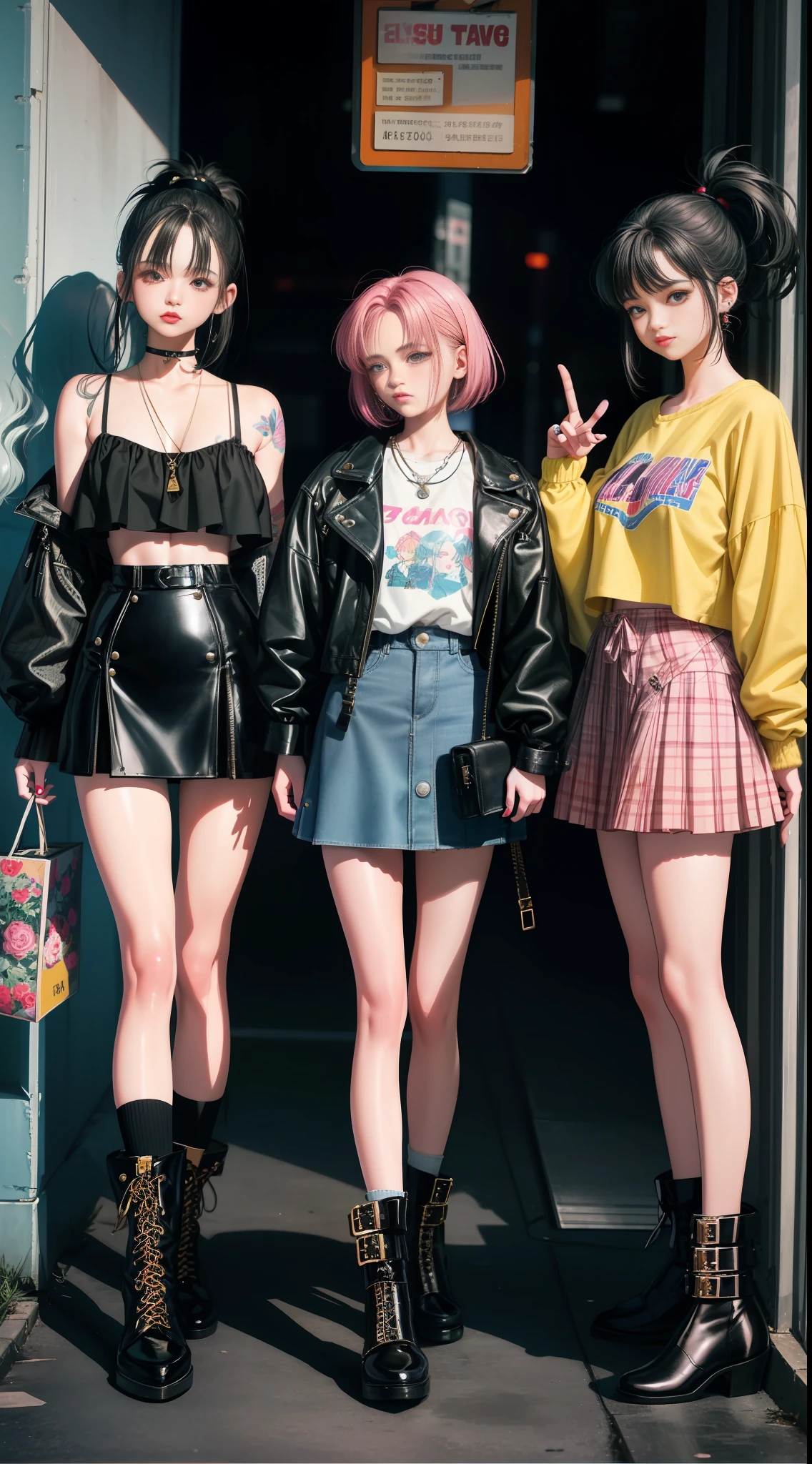 a close up of three women in short skirts and boots, vintage aesthetic, y2k style, y 2 k style, grunge style, grunge aesthetic!!!, grunge aesthetic, grunge aesthetic!!! (, style of wlop, ecchi style, retro aesthetic, cute style, thisset style, soft style, art styles mix, 90s style, sensual gloomy style