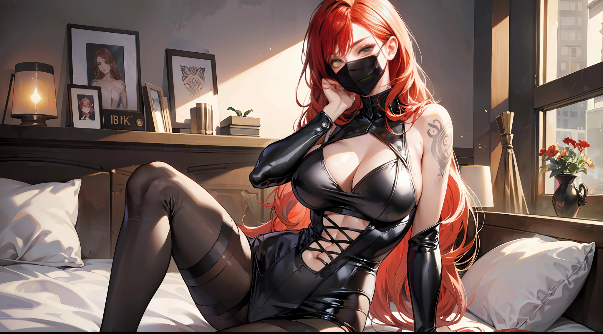 Redhead babe, black mask, full-body lens, 8K resolution, strong figure, {{Huge_breast}}, straight chest, slender waist, tall, slender legs, thin and transparent tights, {{latex}}, {{glossy}}, {slim}, fair skin, {black_stockings}, highest details, light curls, long bangs, openwork, side space, various tattoos all over the body, open legs, sitting on the bed --auto --s2