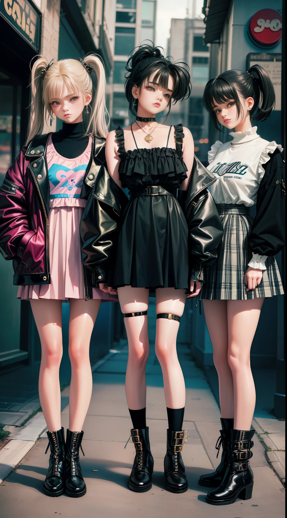 a close up of three women in short skirts and boots, vintage aesthetic, y2k style, y 2 k style, grunge style, grunge aesthetic!!!, grunge aesthetic, grunge aesthetic!!! (, style of wlop, ecchi style, retro aesthetic, cute style, thisset style, soft style, art styles mix, 90s style, sensual gloomy style