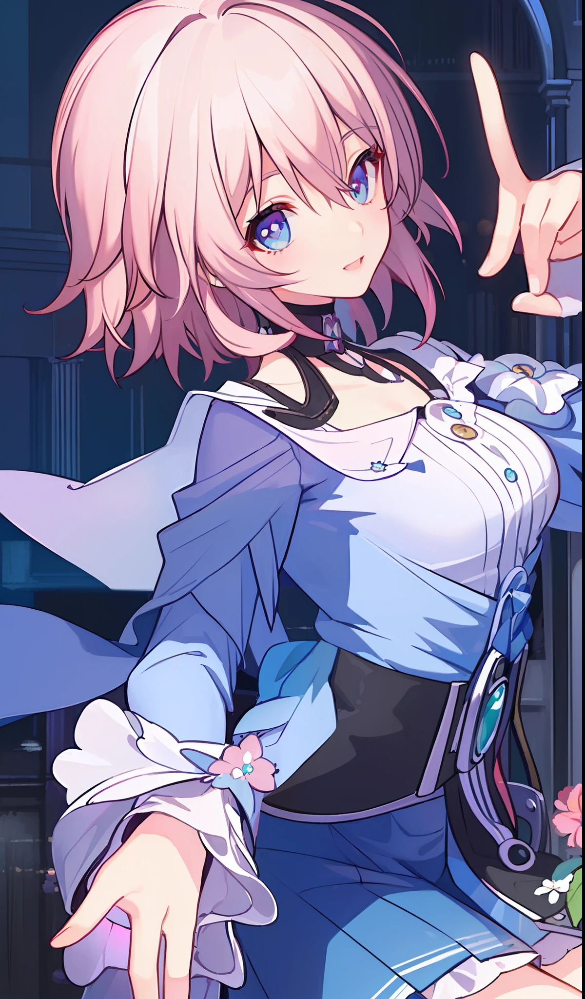 (((Masterpiece)))), (((Best Quality)))), (((Very detailed))), Detailed Fingers, Accurate Fingers, Non-Unnatural Hands, Last, 1 Girl, Solo, Pink Bob Cut, Blue Eyes, White Long-Sleeved Shirt, Black Skirt, March,