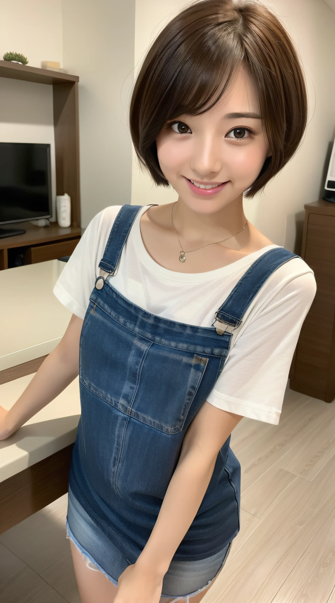 (Best Quality, 8k, Masterpiece: 1.3)), Sharp Focus, One Girl, Slim Beauty: 1.2, Brown Hair, (Short Hair), (Large: 1.5), (Layer Cut), Detailed Eyes, Double Eyelids, Cute Smile, Mouth Closed, Ultra Realistic, Ultra Detailed, High Quality, Highly Detailed Face and Skin Texture, Indoors, Living Room, ( Cute college girl with very short hair who works part-time as a tutor), (Casual adult clothes with a sense of cleanliness to do detailed tutoring), (Dress with a sense of cleanliness), ( face with appeal), Uneven body, from the front