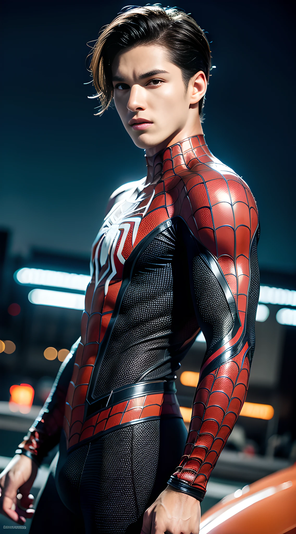 (one), (man), spider-man, handsome muscular high school boy, (high detail: 1 1), natural skin, high quality, beautiful eyes, (detailed face and eyes), (face: 1 2), noise, real photo, PSD, sharp focus, high resolution 8K, realistic and professional photo, 8K UHD, soft lighting, high quality, film grain, Fujifilm XT3