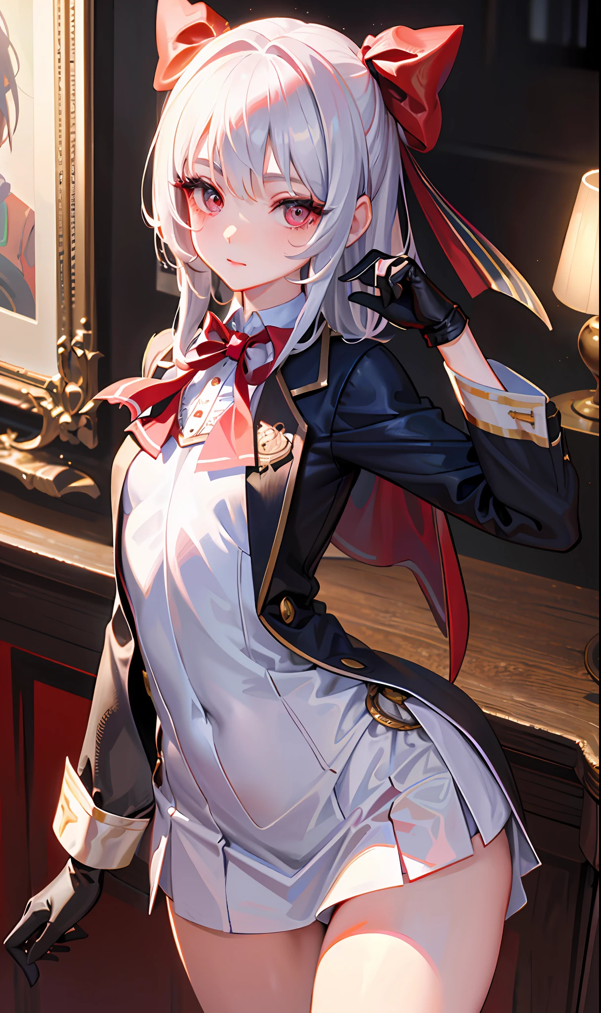 (masterpiece, sidelighting, finely detailed beautiful eyes: 1.2), (masterpiece*portrait), portrait, (bust), realistic, 3d face, lusious skin, ((solo)), (close-up of face), (scarlet eyes), hanging corners, (high detail skin, visible pores)), (Perfect Figure), a beautiful steampunk girl, small breasts, ((Student uniform containing a busted little blazer)), (Ribbon collar), (short gloves as short as half a palm)